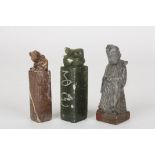 Three early 20th century carved jade and soapstone seals
one formed as a scholar, the other two as