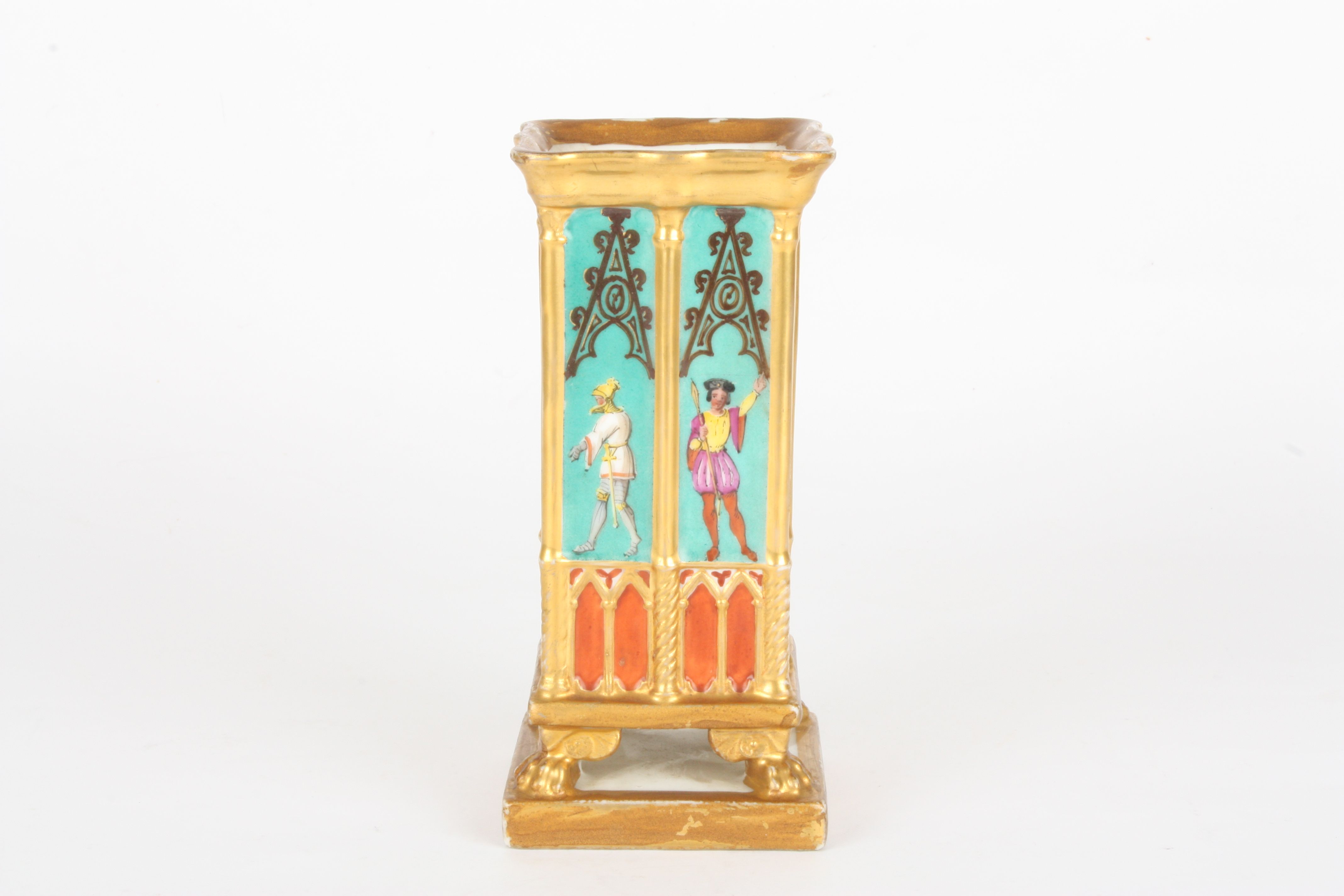 A 19th century French Darte porcelain Gothic design spill vase
of square form, painted with full - Image 3 of 5