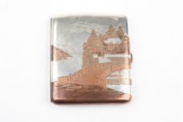 A Japanese Sterling silver and copper cigarette casethe interior and exterior decorated with