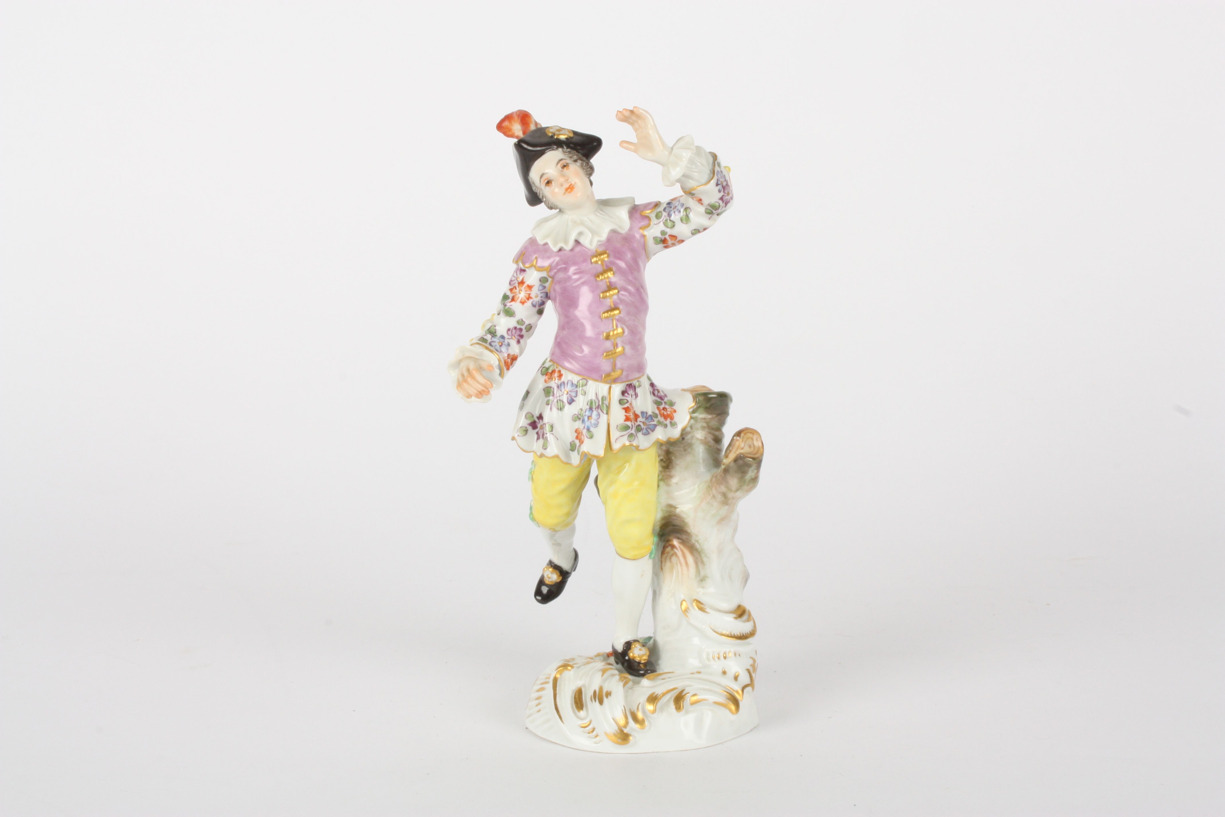 Late 20th century Meissen figure of a dancing shepherd, after Meyer, raised on a rococo base, blue