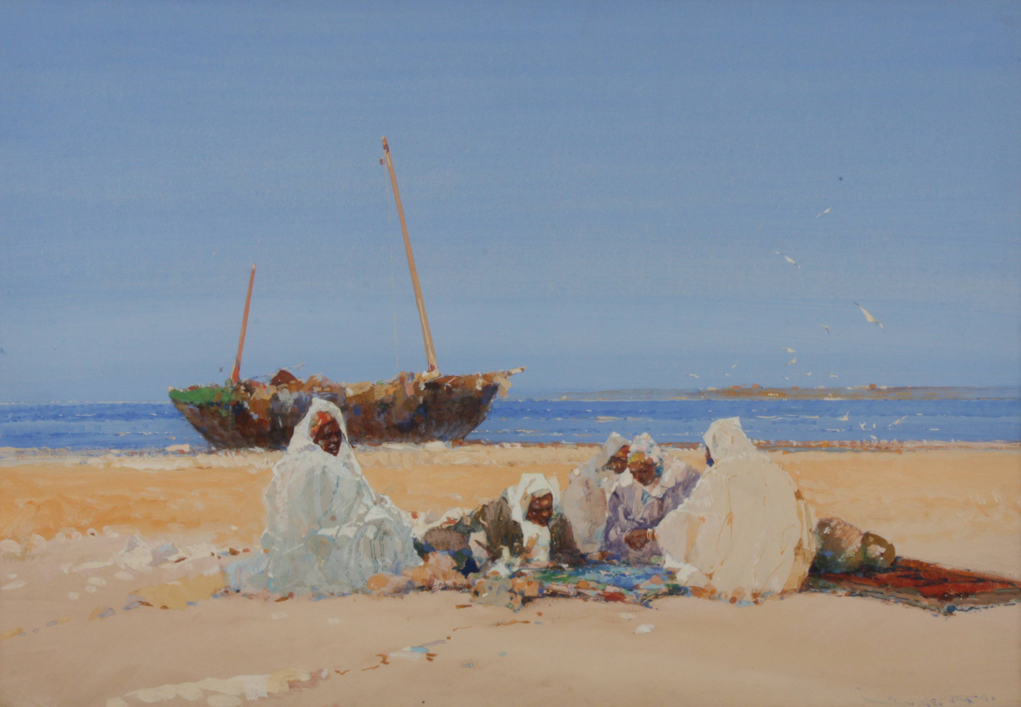 An early 20th century Middle Eastern or African beach scene
with figures sitting on rugs on a beach,