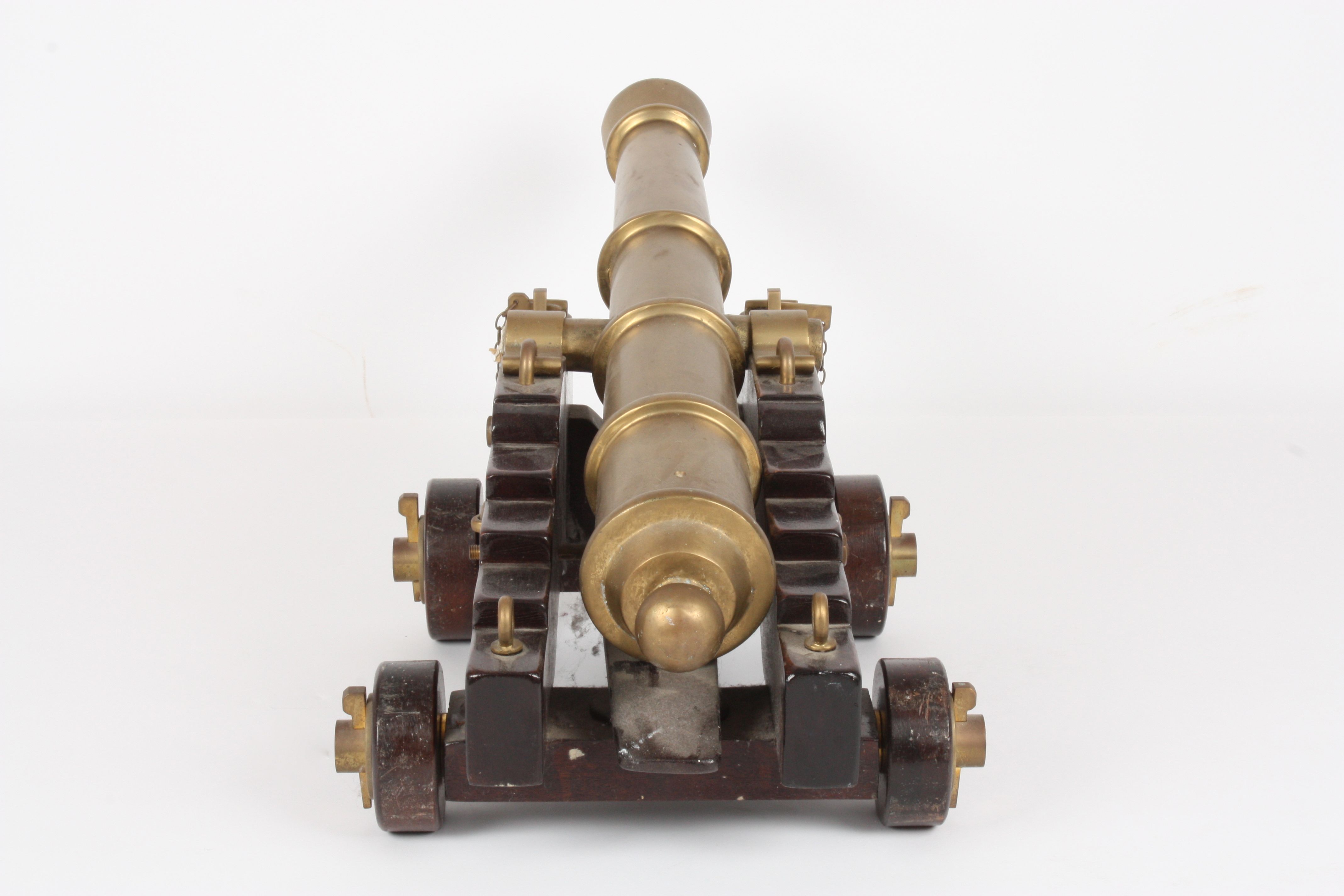 A 19th century brass and wood model of a cannon
with 74cm tapering barrel, mounted on a stepped - Image 4 of 4