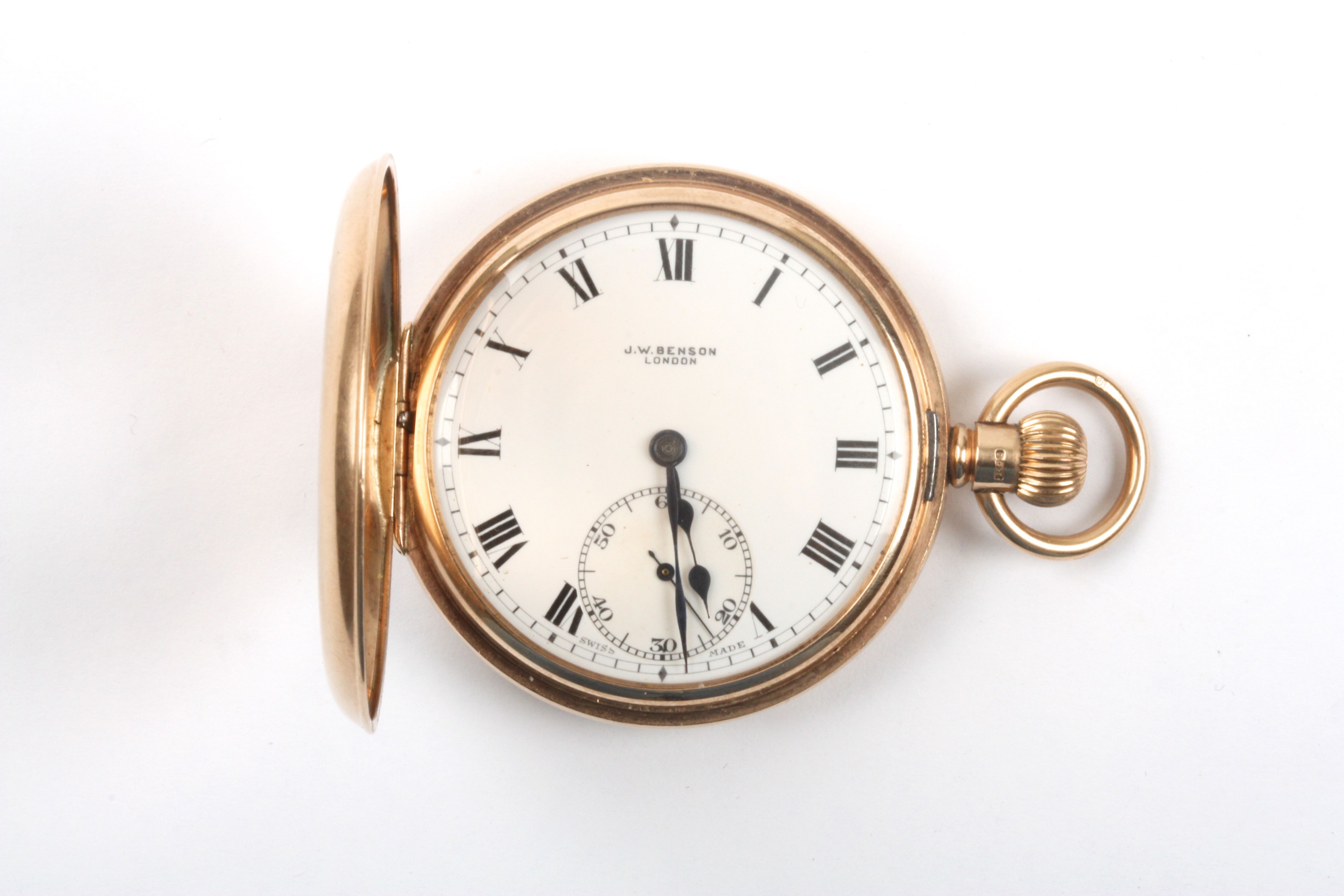 An early 20th century 9ct gold half hunter pocket watch
by J.W. Benson of London, the white enamel