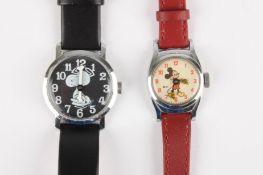 A mid 20th century novelty Mickey Mouse wrist watchand a novelty Snoopy wrist watch. (2),