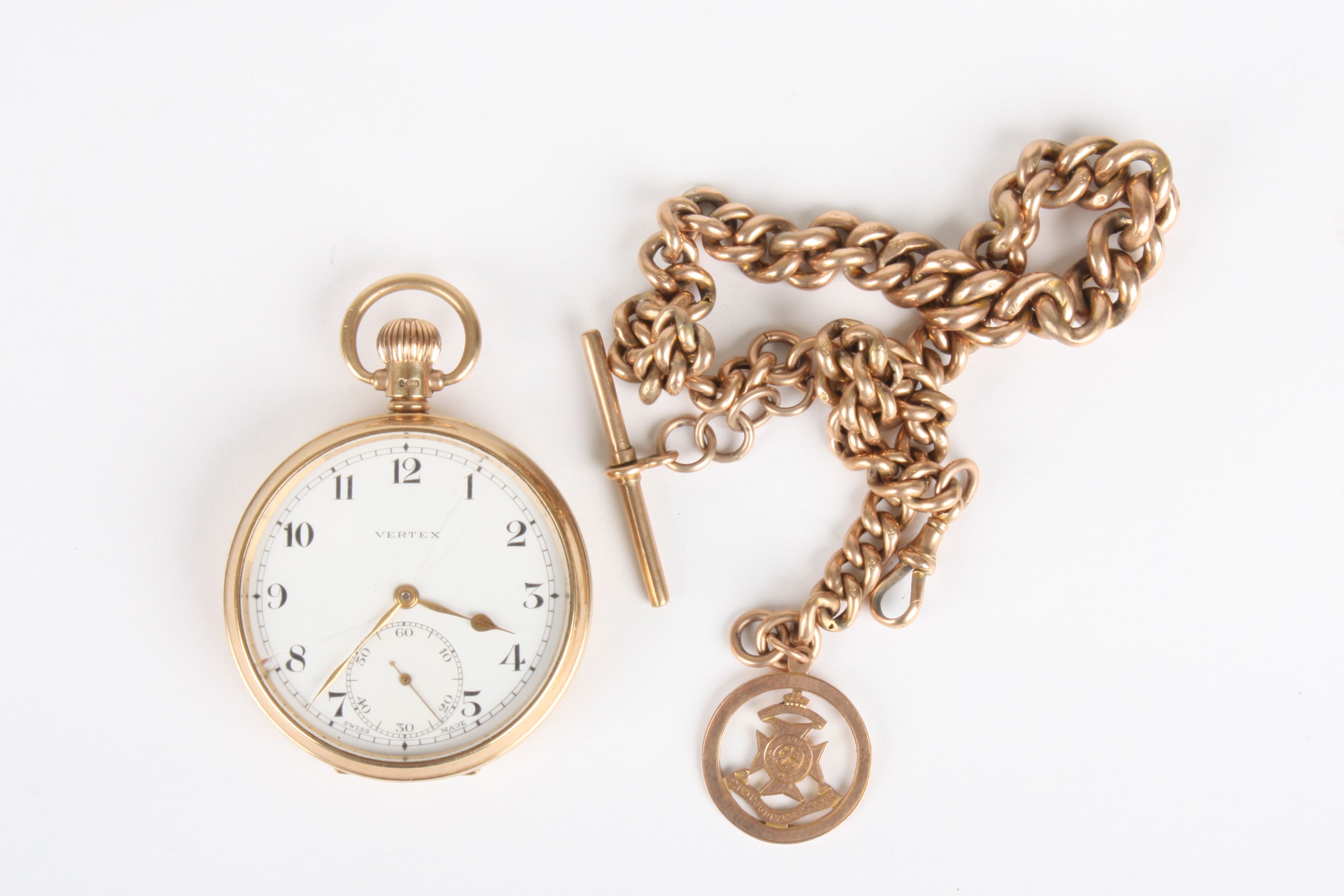 A 9ct gold Vertex open face pocket watch
hallmarked Birmingham 1935, with white enamel dial and