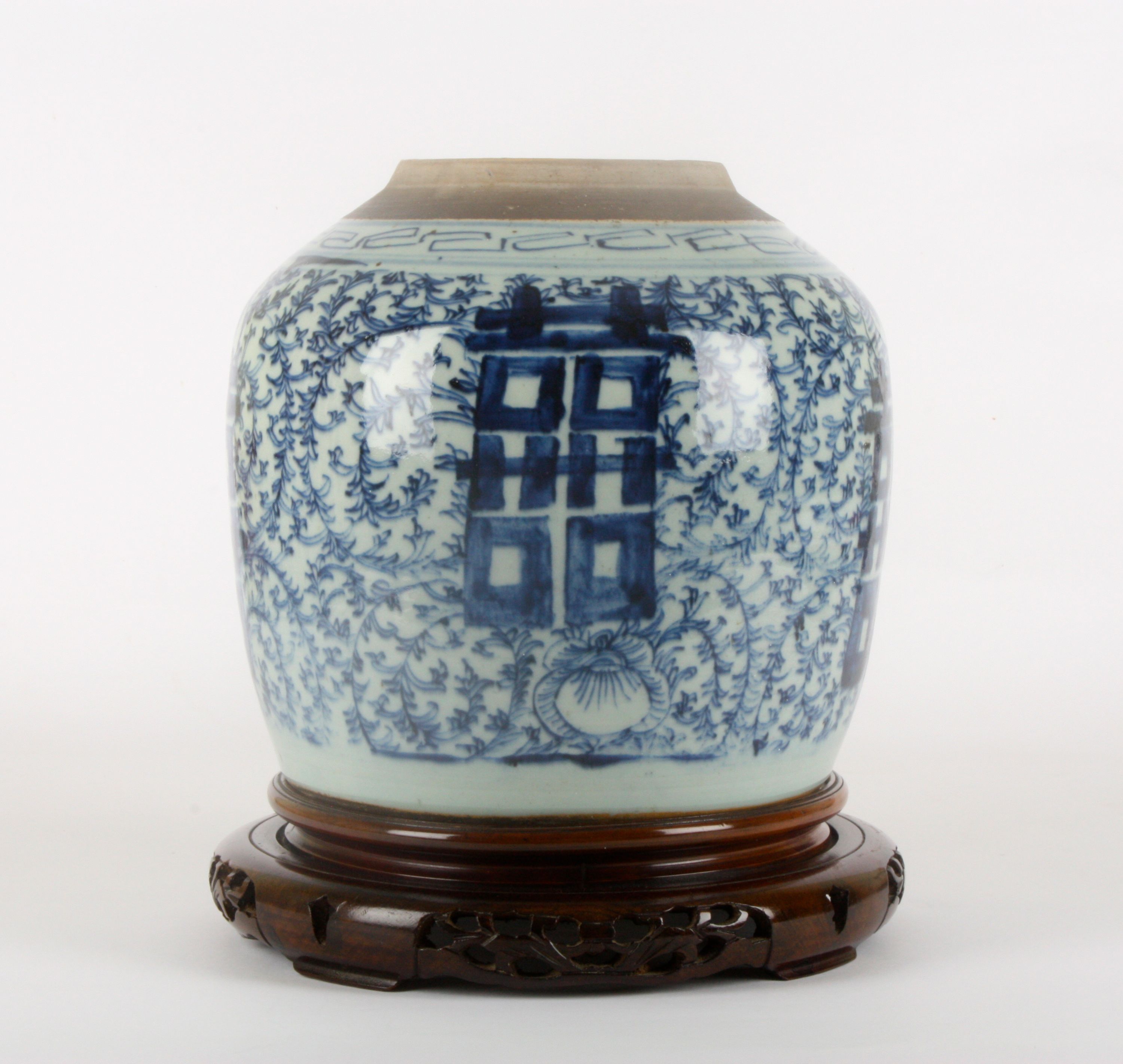 A 19th century Chinese blue and white ginger jar
decorated with large Character marks, surrounded by - Image 3 of 5