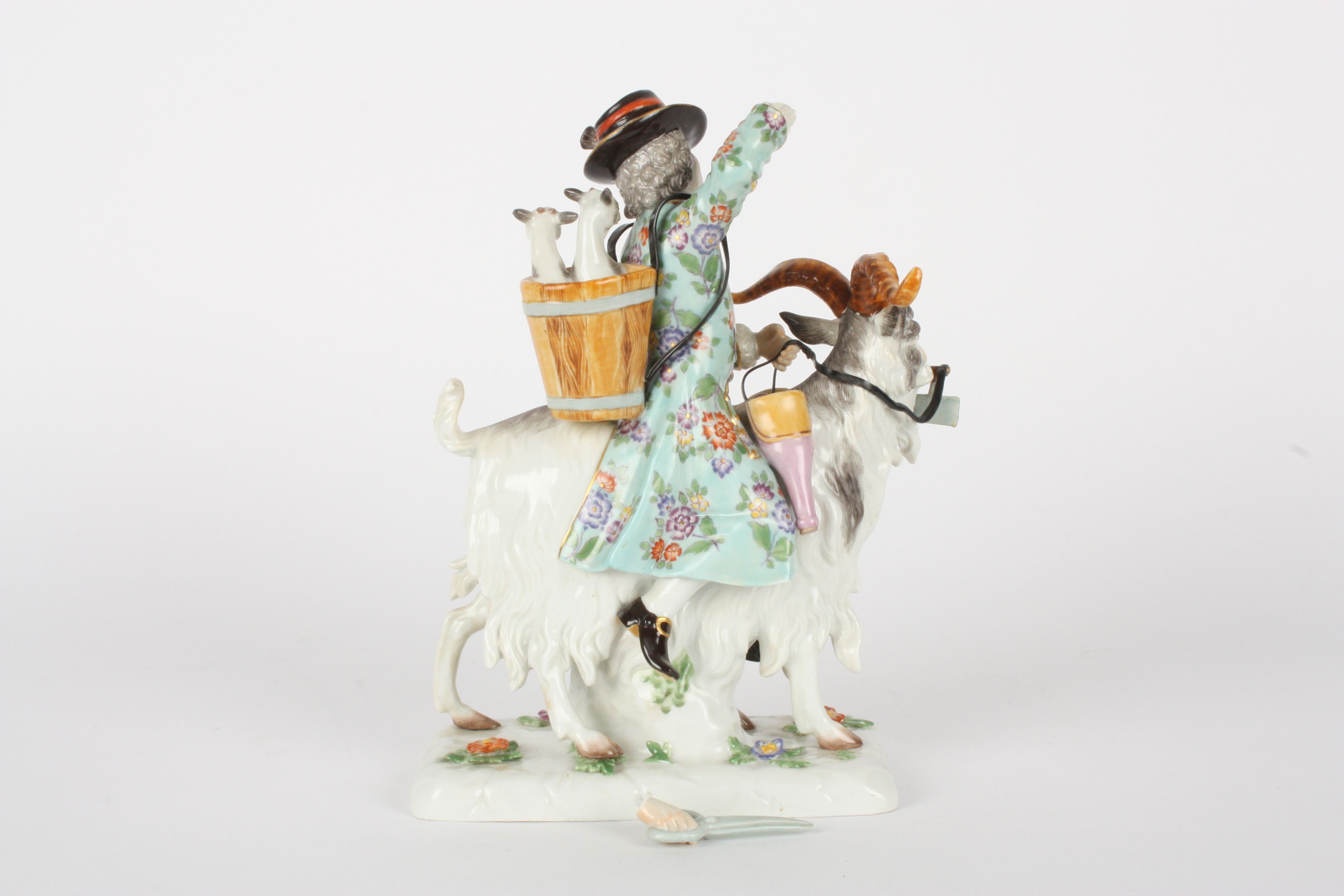 Late 20th century Meissen figure, Tailor on a Goat, after Kaendler, painted blue cross swords - Image 2 of 5