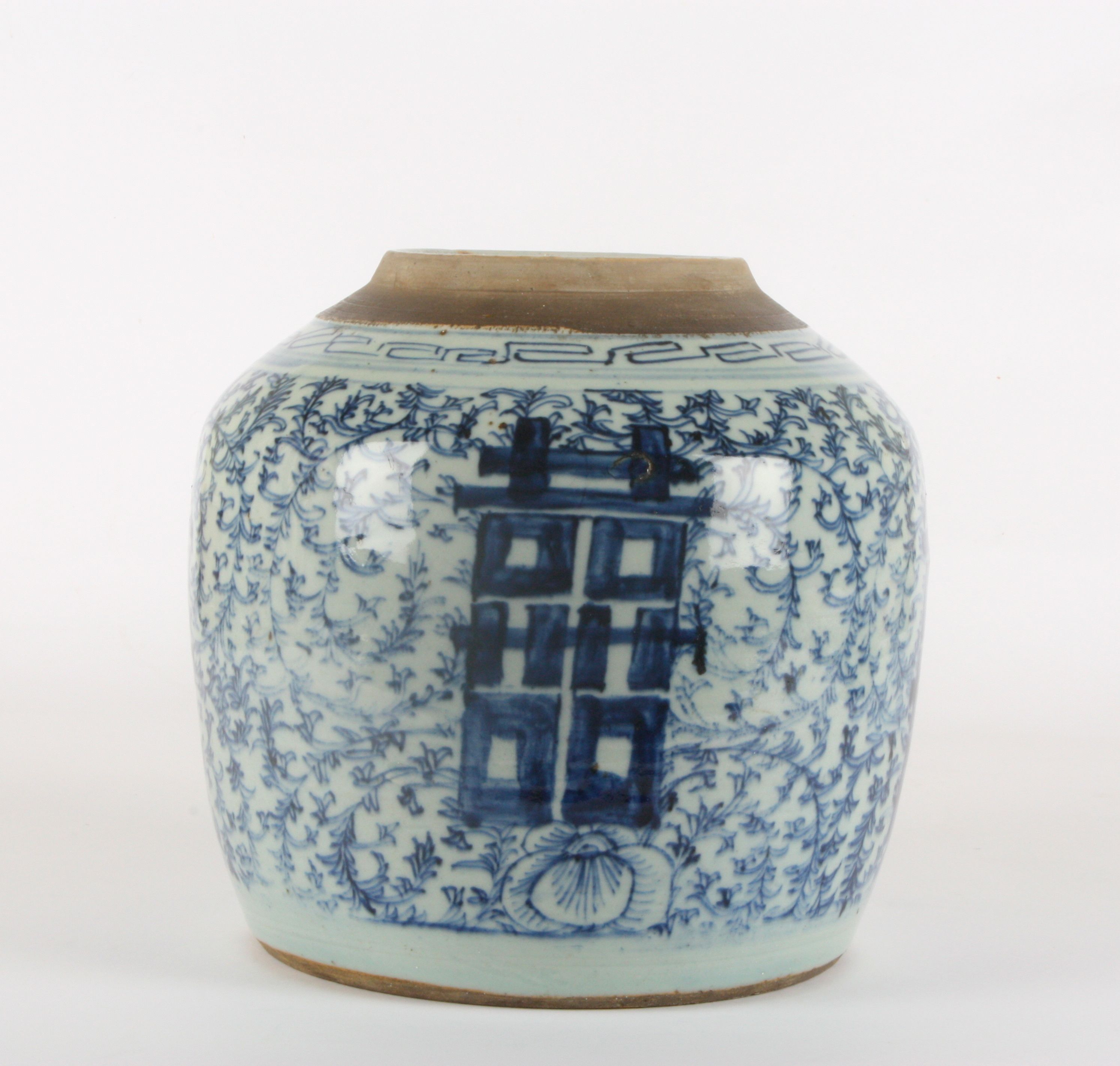 A 19th century Chinese blue and white ginger jar
decorated with large Character marks, surrounded by - Image 4 of 5