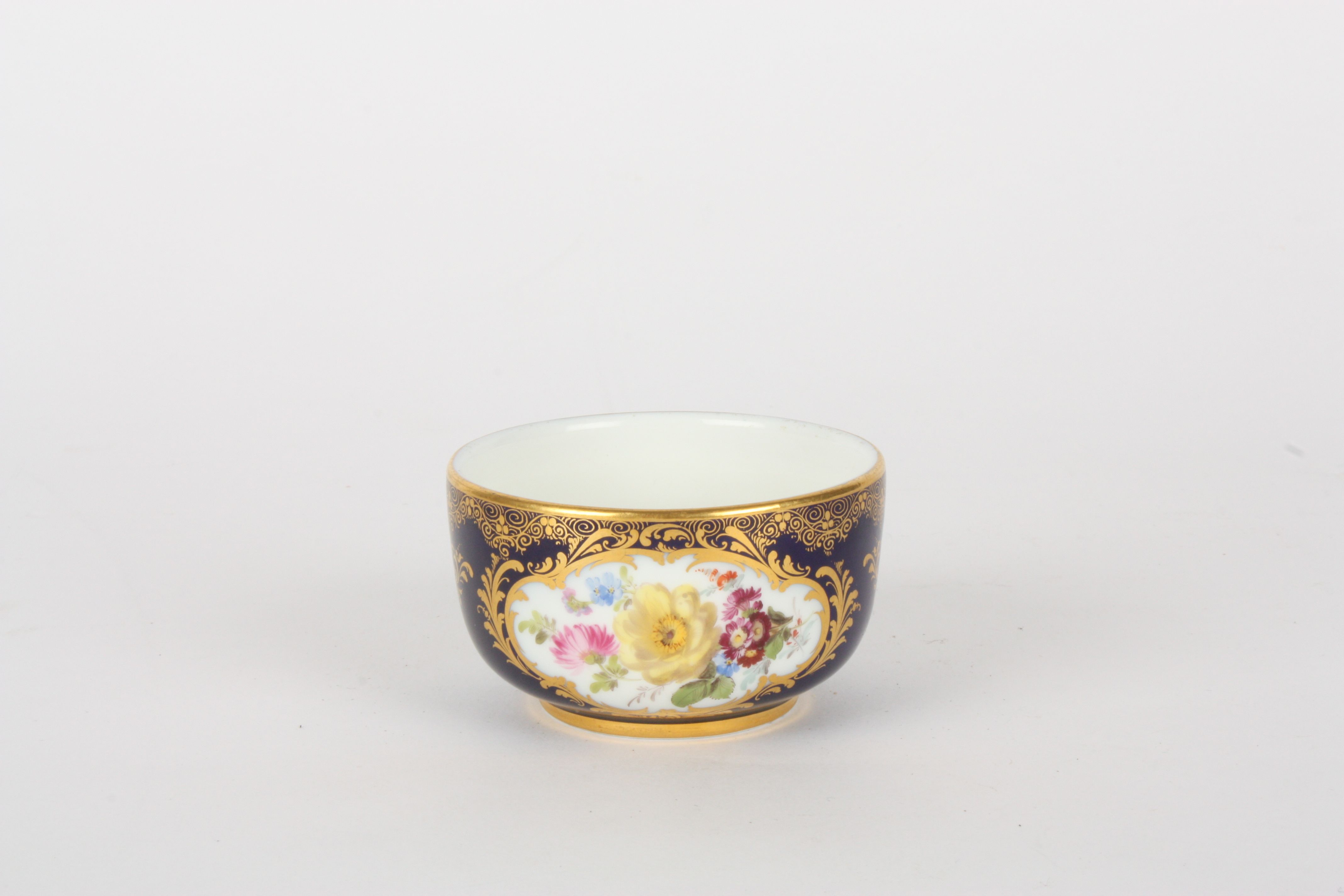 Late 20th century Meissen small sugar bowl, painted with panels of flowers and companion and