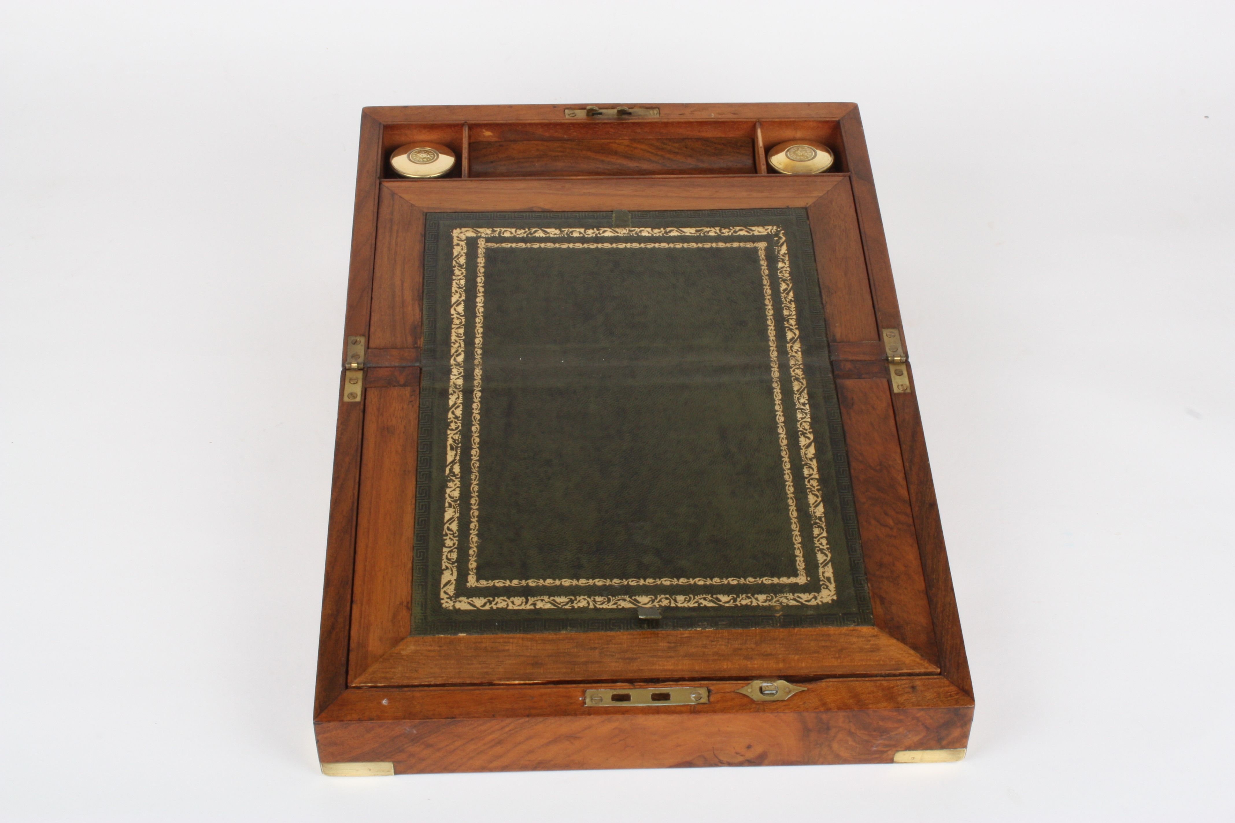 A mahogany writing slope
with brass bound edges and blank cartouche to the lid and escutcheon, - Image 2 of 2