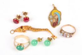 A small collection of jewelleryincluding a 9ct gold, a 10ct gold and jade ring, two pairs of