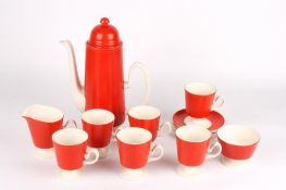 A Carltonware red and white retro coffee servicecomprising coffee pot, milk jug, sugar bowl, six