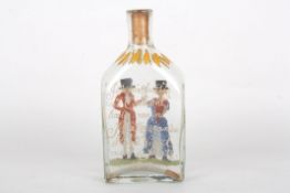 An 18th century German painted glass bottlepainted with a scene of a couple holding a marriage cup,