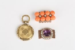 A Georgian amethyst and seed pearl clasp, together with a coral and seed pearl clasp and a small
