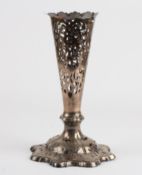 A pierced silver bud vase hallmarked Sheffield 1847, with presentation inscription, height 26cm,