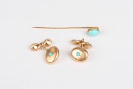 A pair of Victorian 15ct gold, seed pearl and turquoise cufflinkstogether with a gold and turquoise