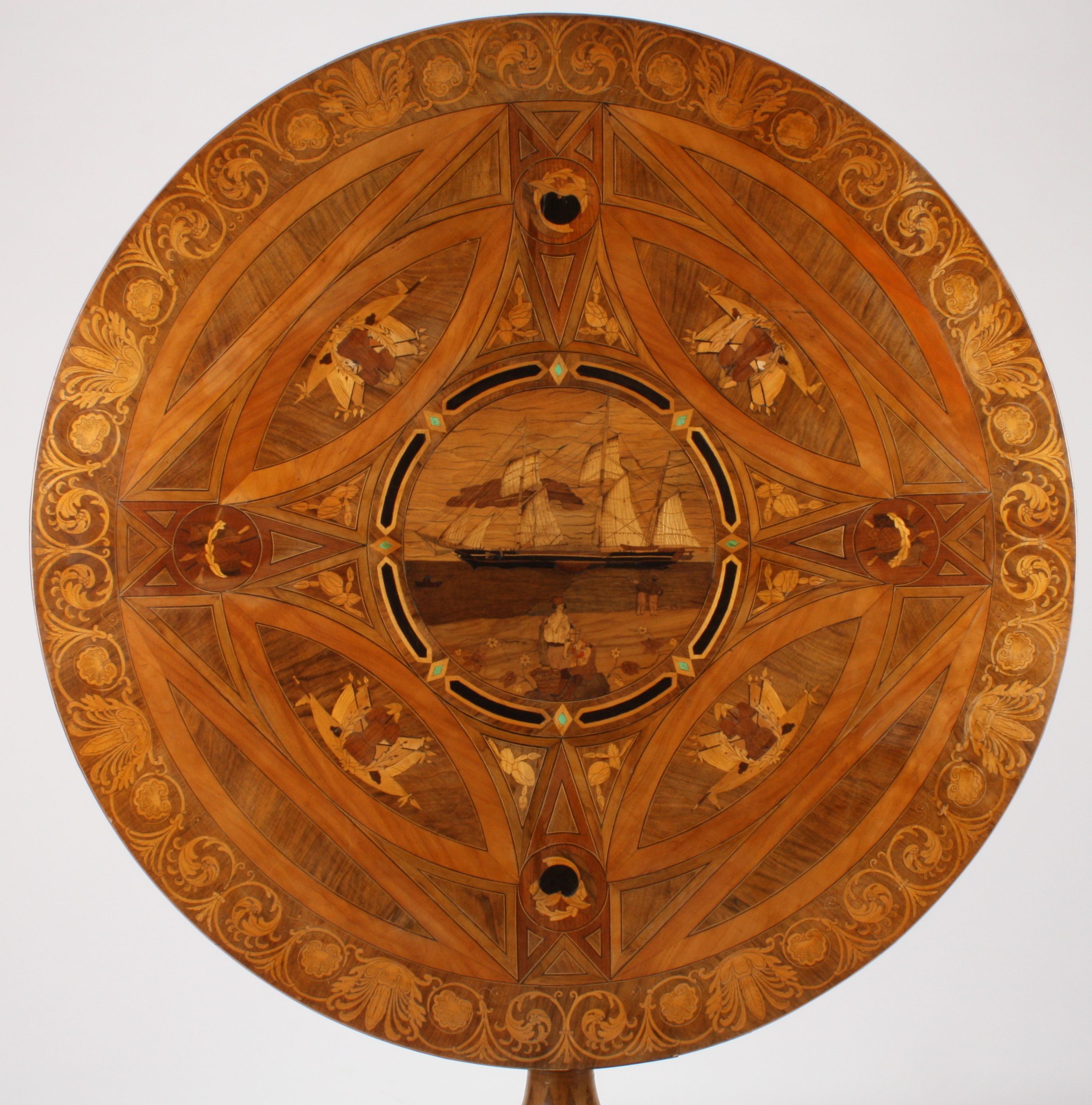 A good 19th century walnut marquetry tilt-top centre table with maritime interest
the centre - Image 3 of 5