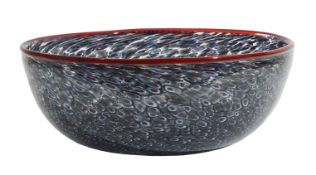 Vistosi a murrine glass bowl with red rim, with etched signature to base vistosi and original