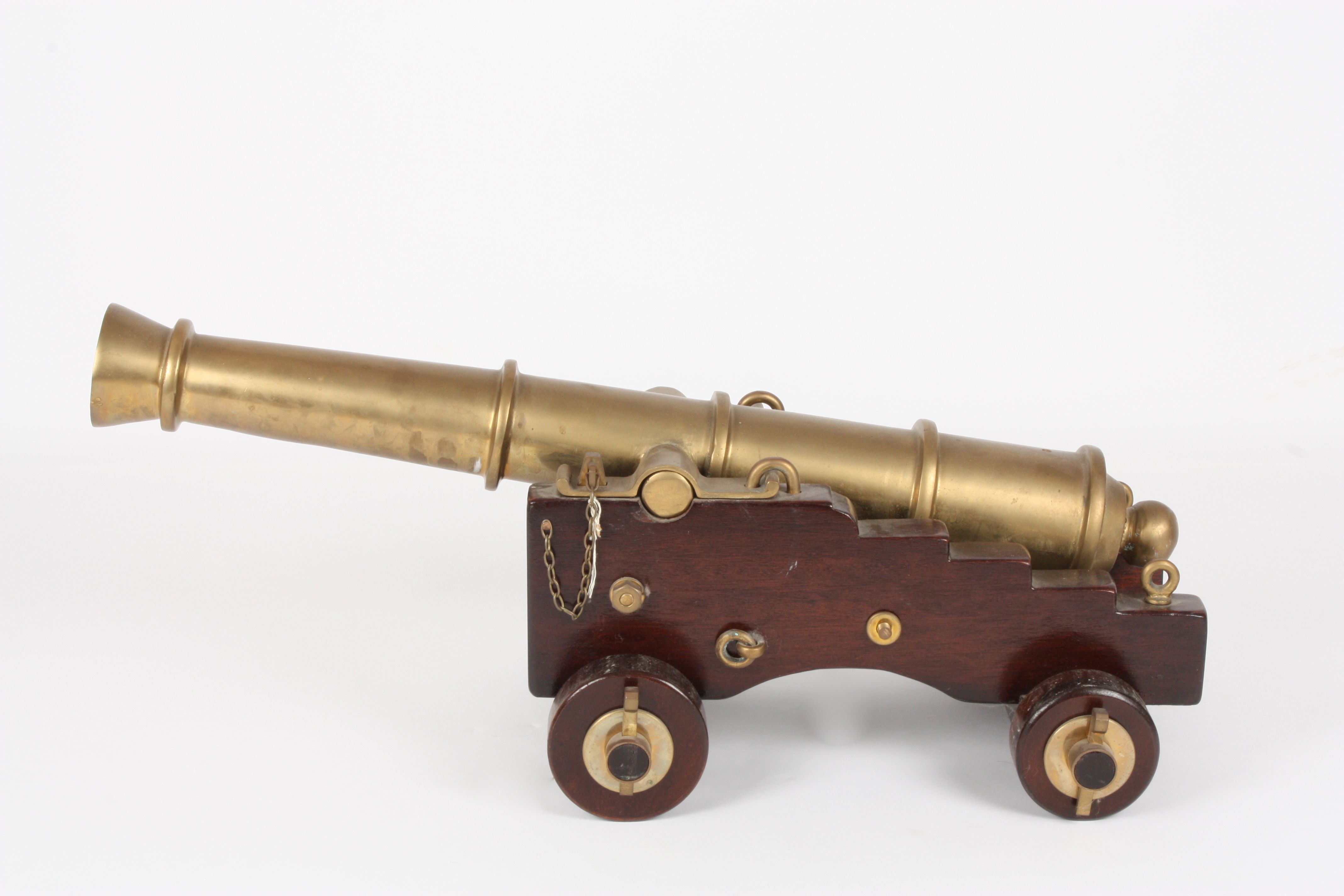 A 19th century brass and wood model of a cannon
with 74cm tapering barrel, mounted on a stepped - Image 3 of 4