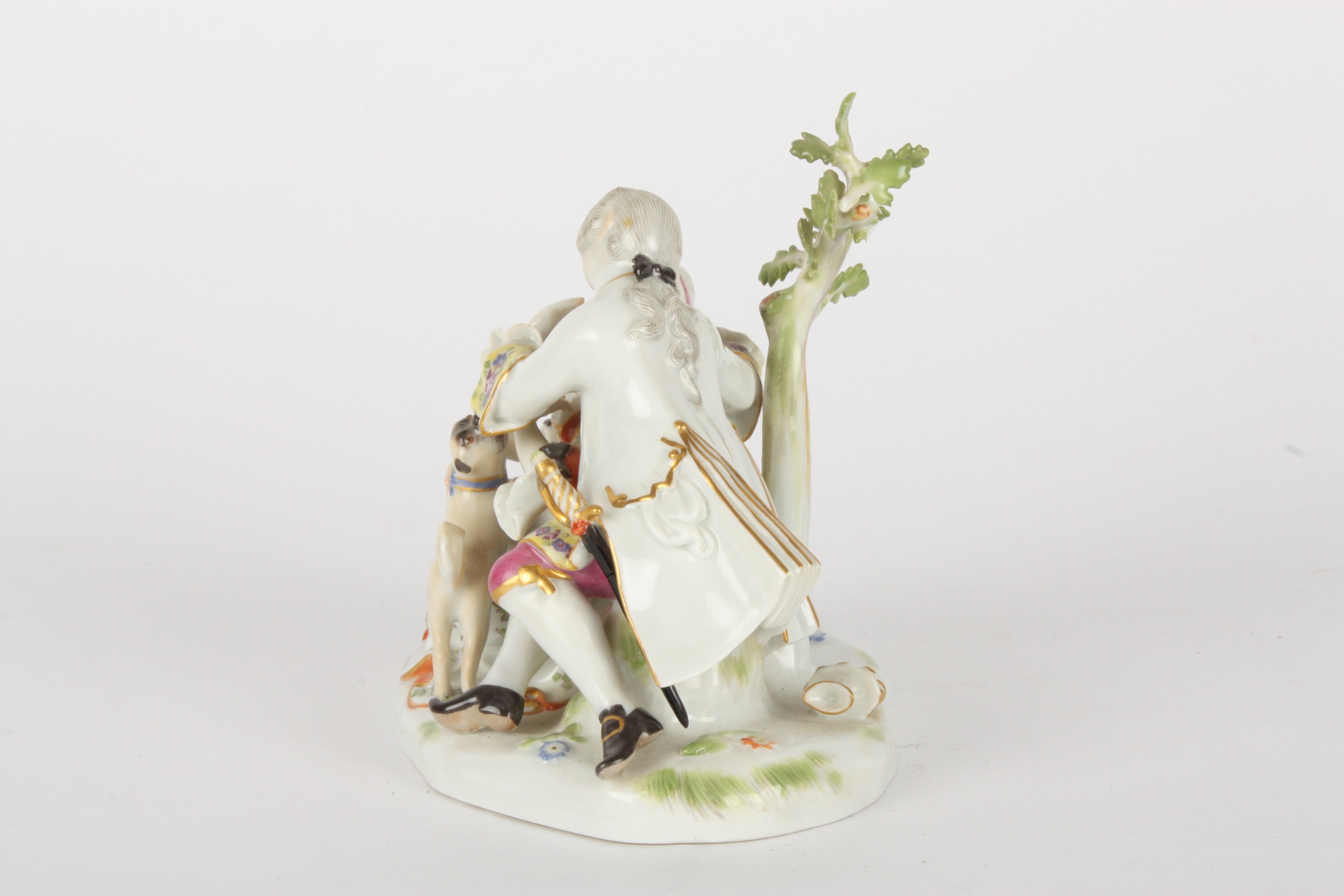 Late 20th century Meissen figure group, after Kaendler, courting couple seated, with a playful Pug - Image 3 of 5