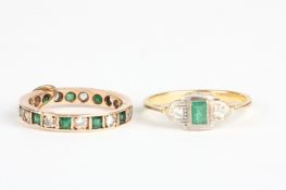 A gold, emerald and diamond ringtogether with a 9ct gold and emerald eternity ring. (2), Combined