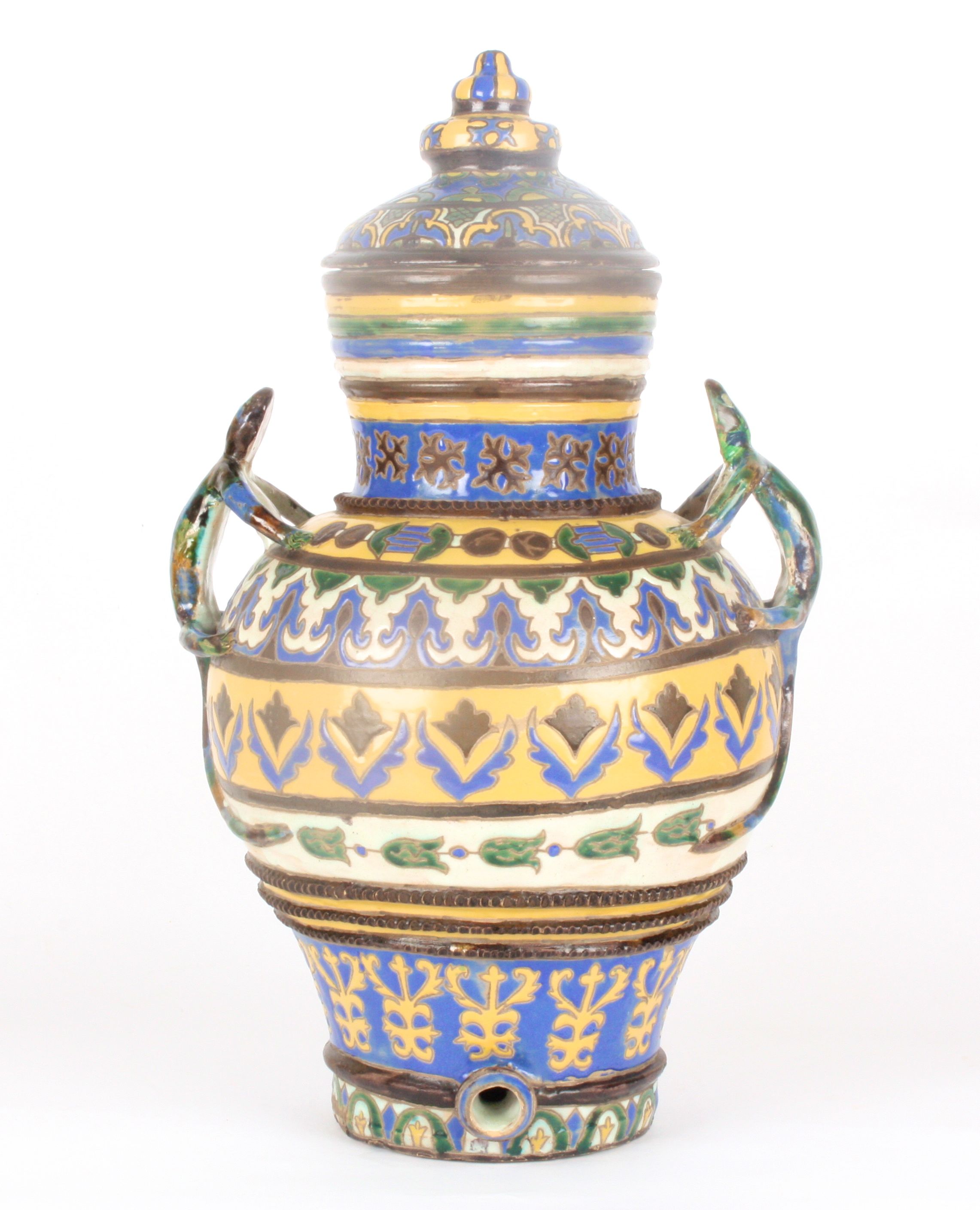 A large Persian pottery water butt and cover
naively potted and decorated in bright enamel colours - Image 3 of 6