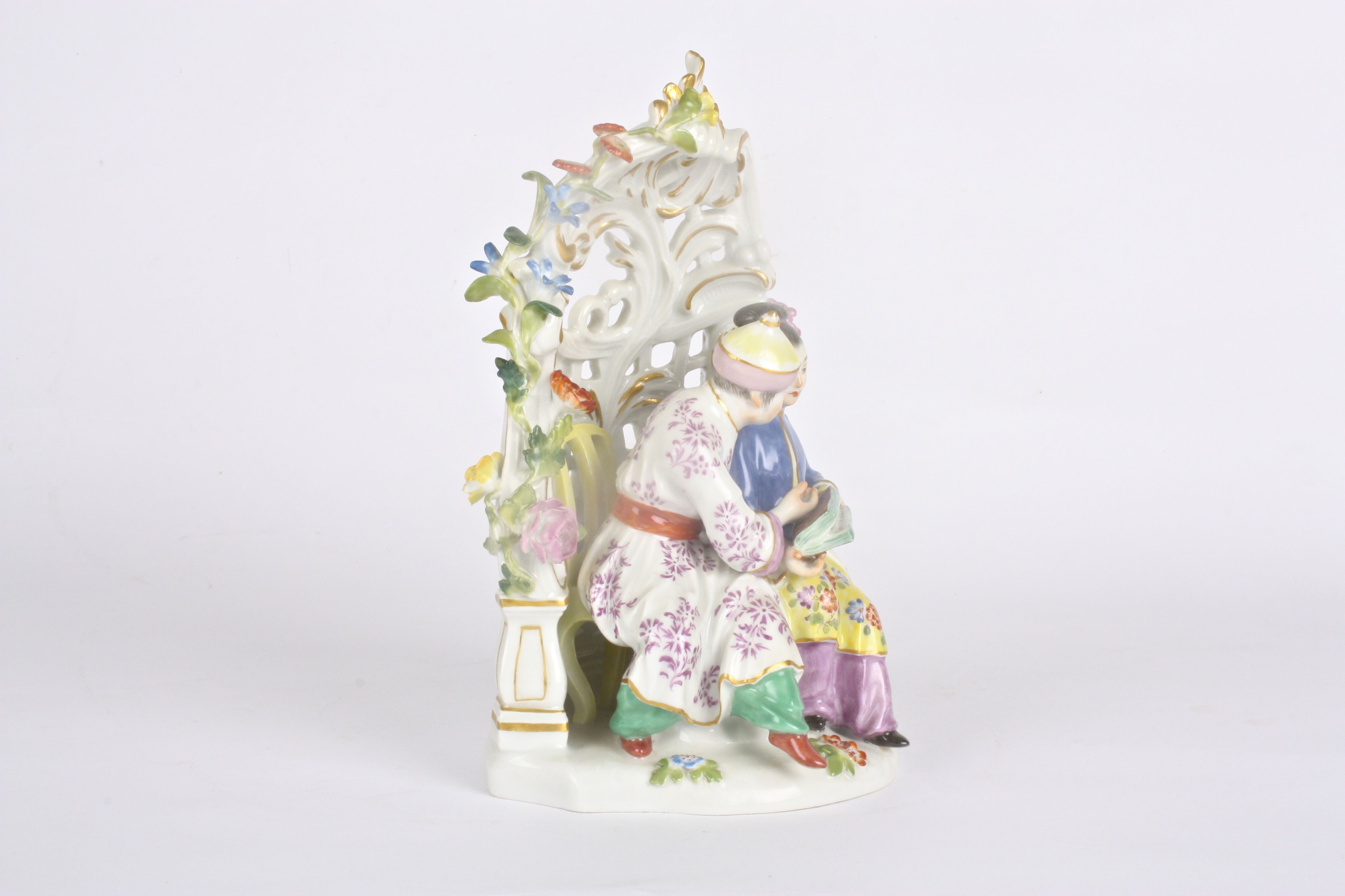 Late 20th Meissen figure group, after Kaendler, Chinese man and woman under a bower, seated in - Image 2 of 5