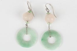 A pair of Chinese carved jade and rose quartz earringsthe pierced jade rings suspended from