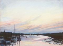 Margaret Glass (b. 1950)'After Sunset Blakeney', an estuary scene with boats. Pastel, unsigned,