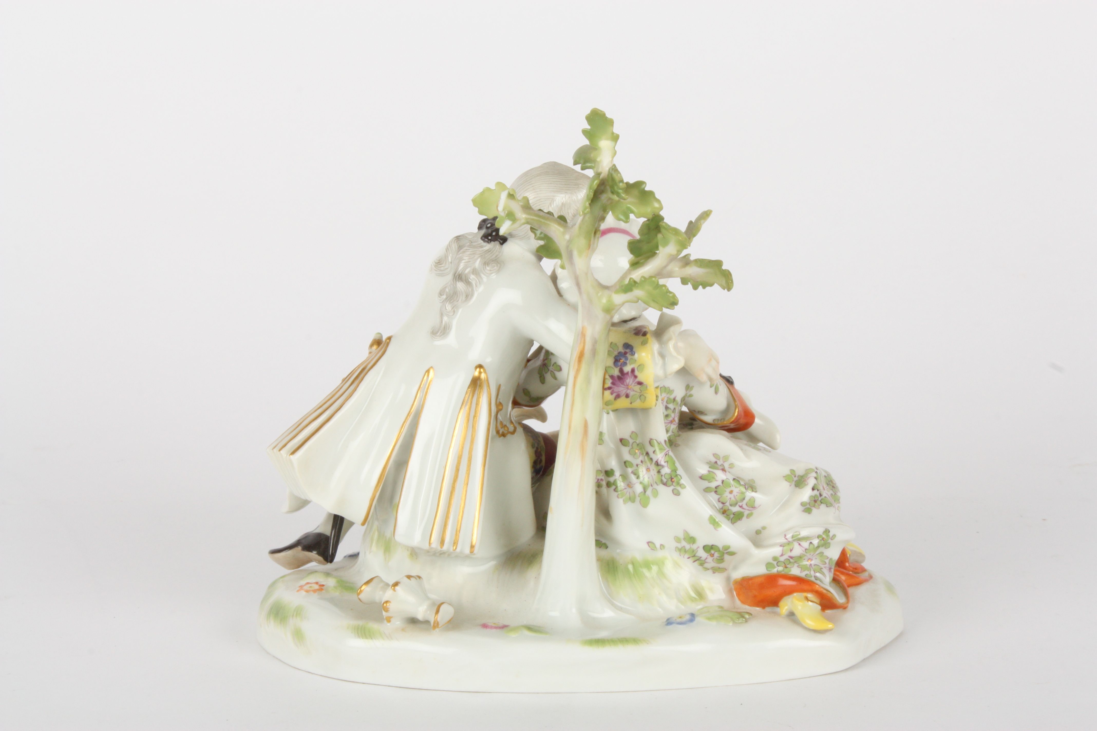 Late 20th century Meissen figure group, after Kaendler, courting couple seated, with a playful Pug - Image 2 of 5