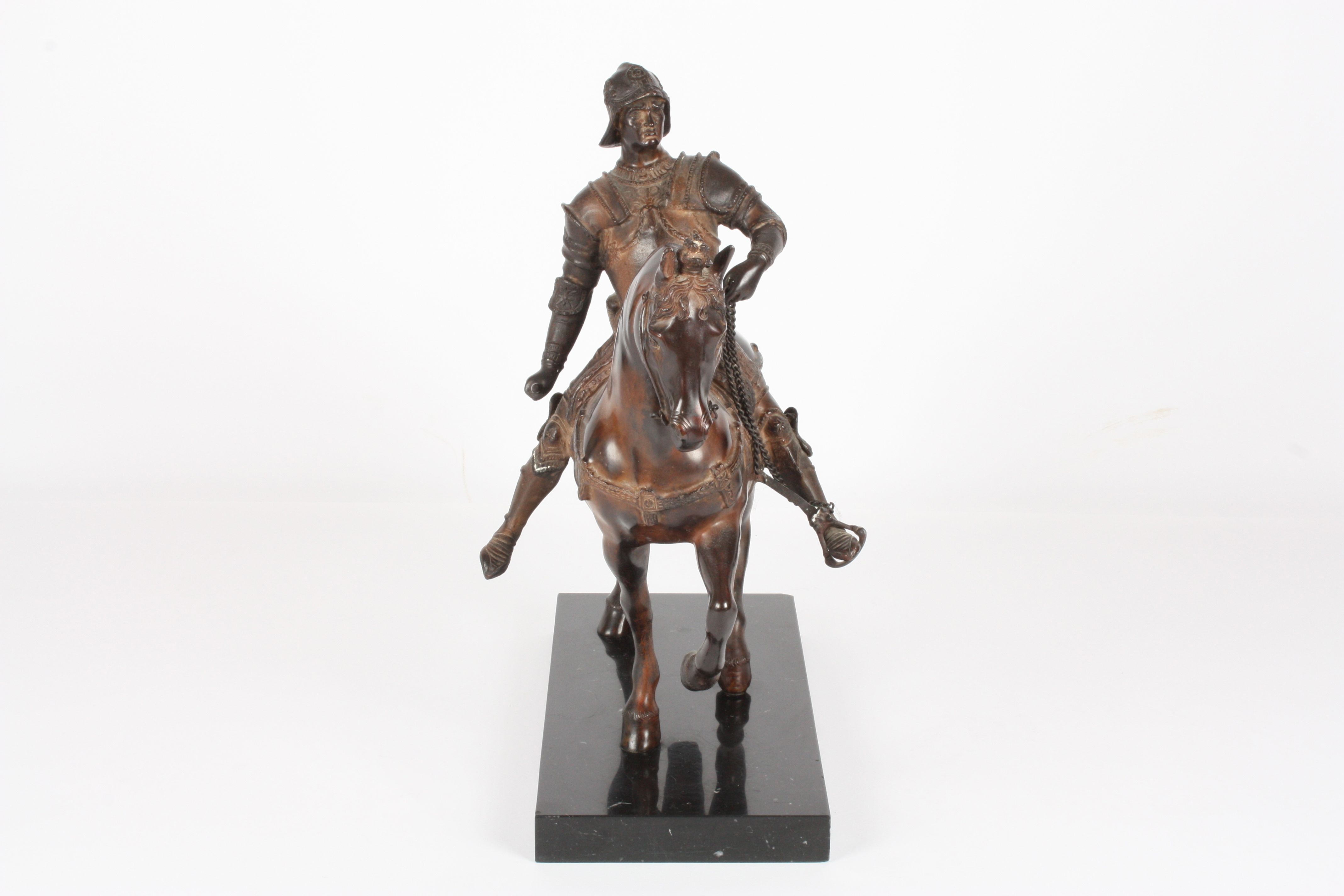 A 20th century bronze horse
the heavily cast sculpture depicting a warrior on a horse wearing - Image 4 of 5