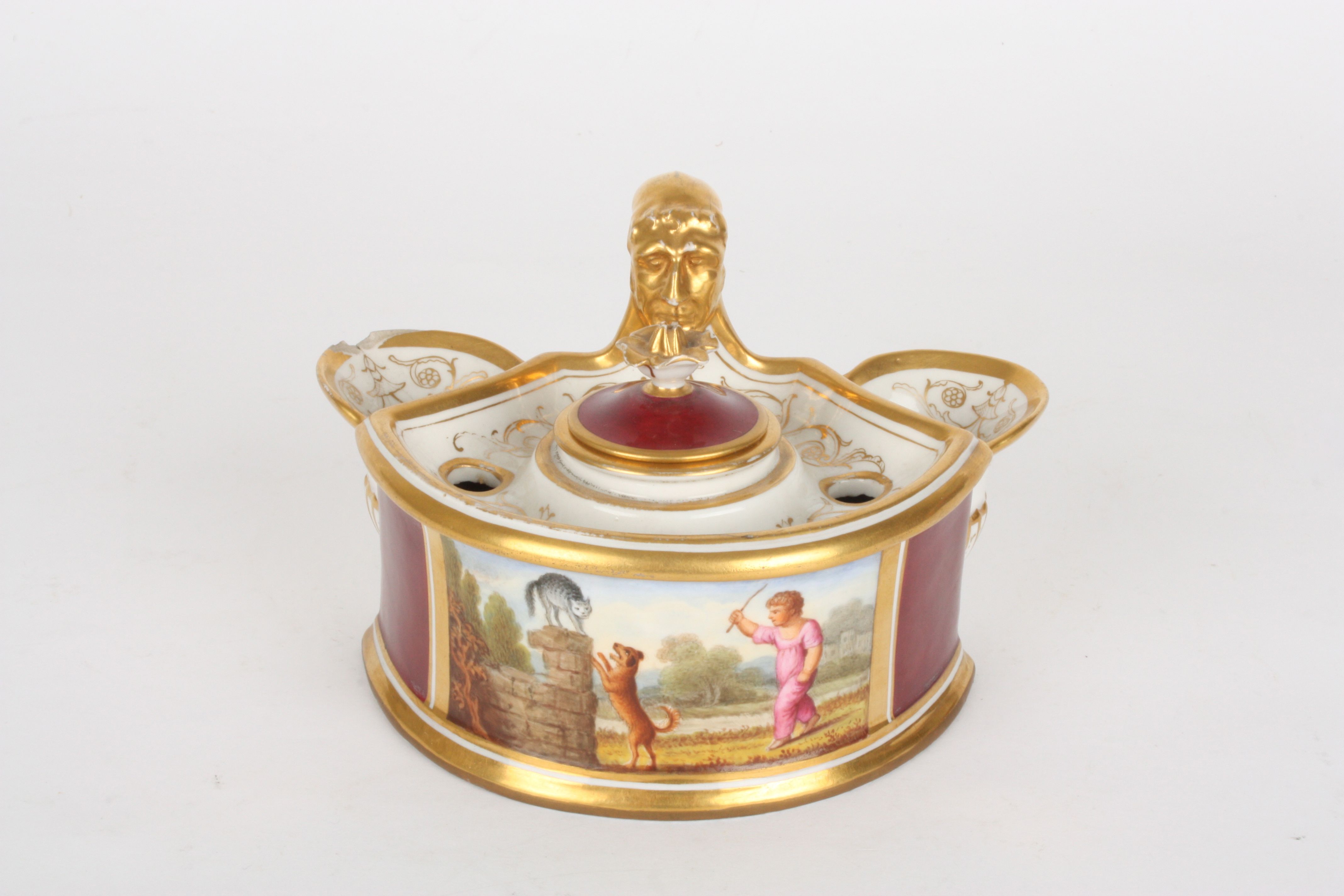 An early 19th century Royal Worcester Flight Barr & Barr porcelain inkwell
with central lidded