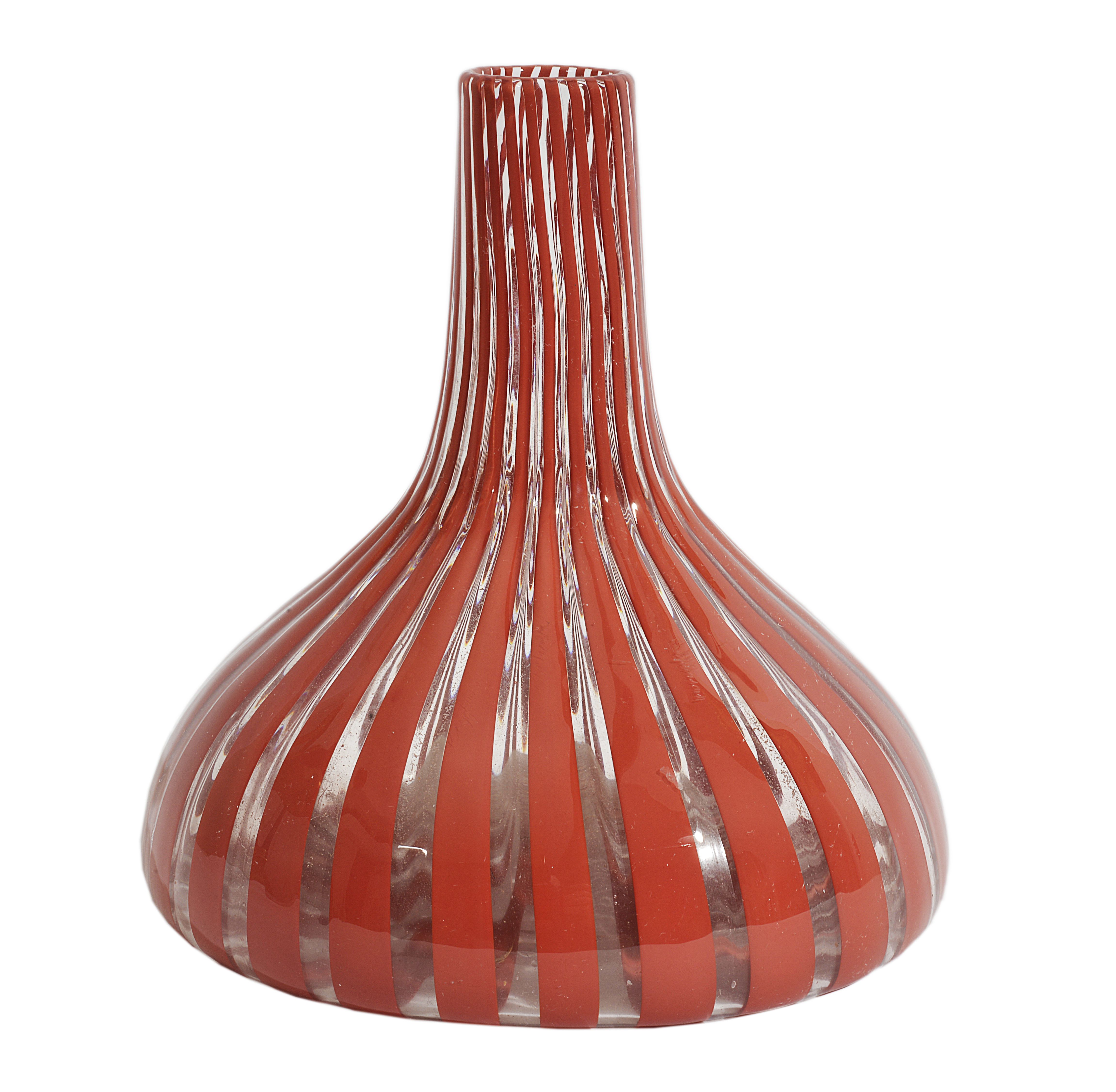 Studio of Venini 
'Vase'
a vase of squat form with red stripped decoration, signed on the