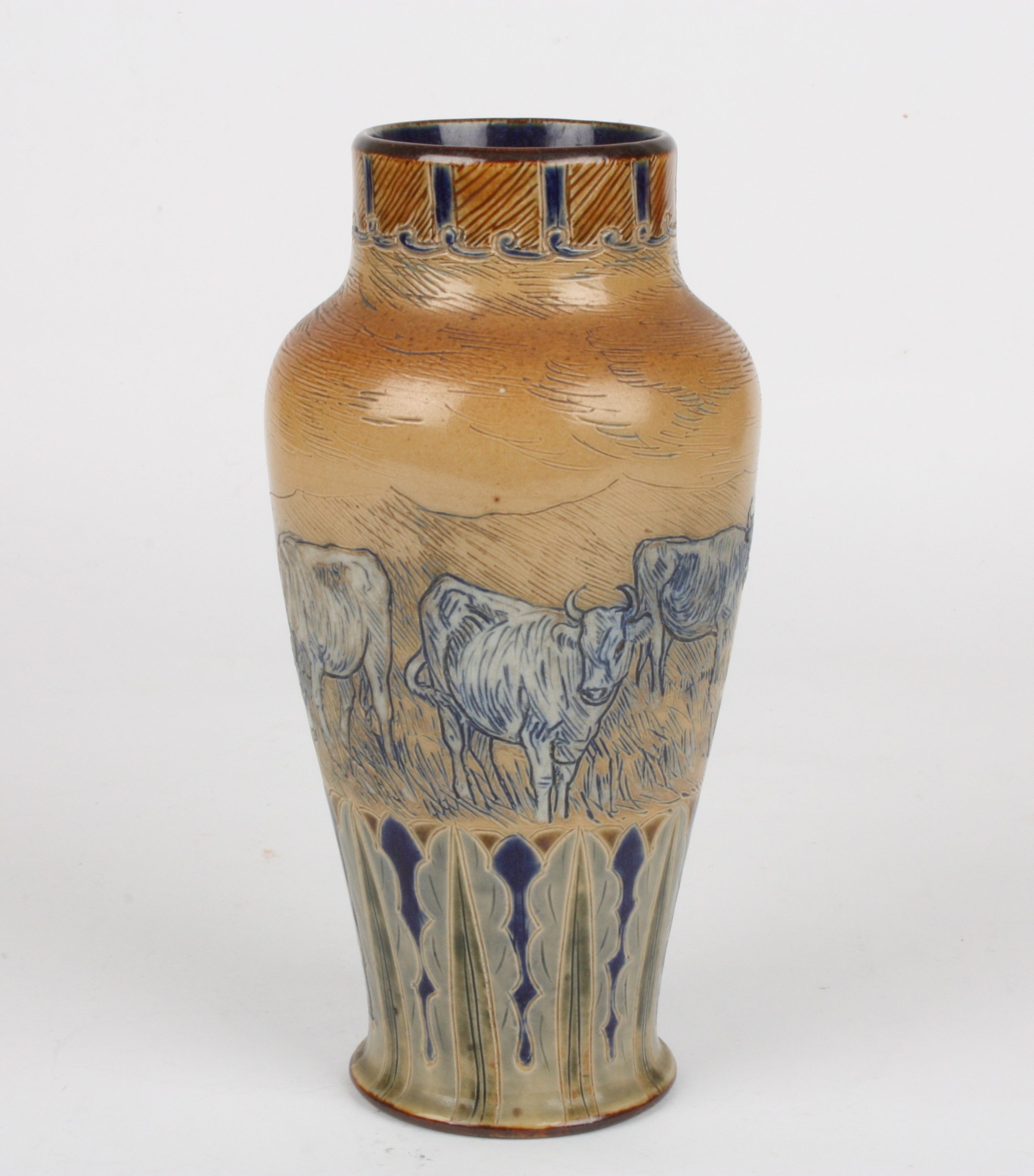 A Hannah Barlow stoneware vase for Royal Doulton
late 19th century
the central section decorated