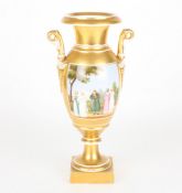 A large mid 19th century Berlin gilt porcelain vasepainted with panels of figures in landscaped