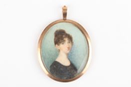 A 19th century portrait miniature of a young womanin a simple black dress, her tied up, against a