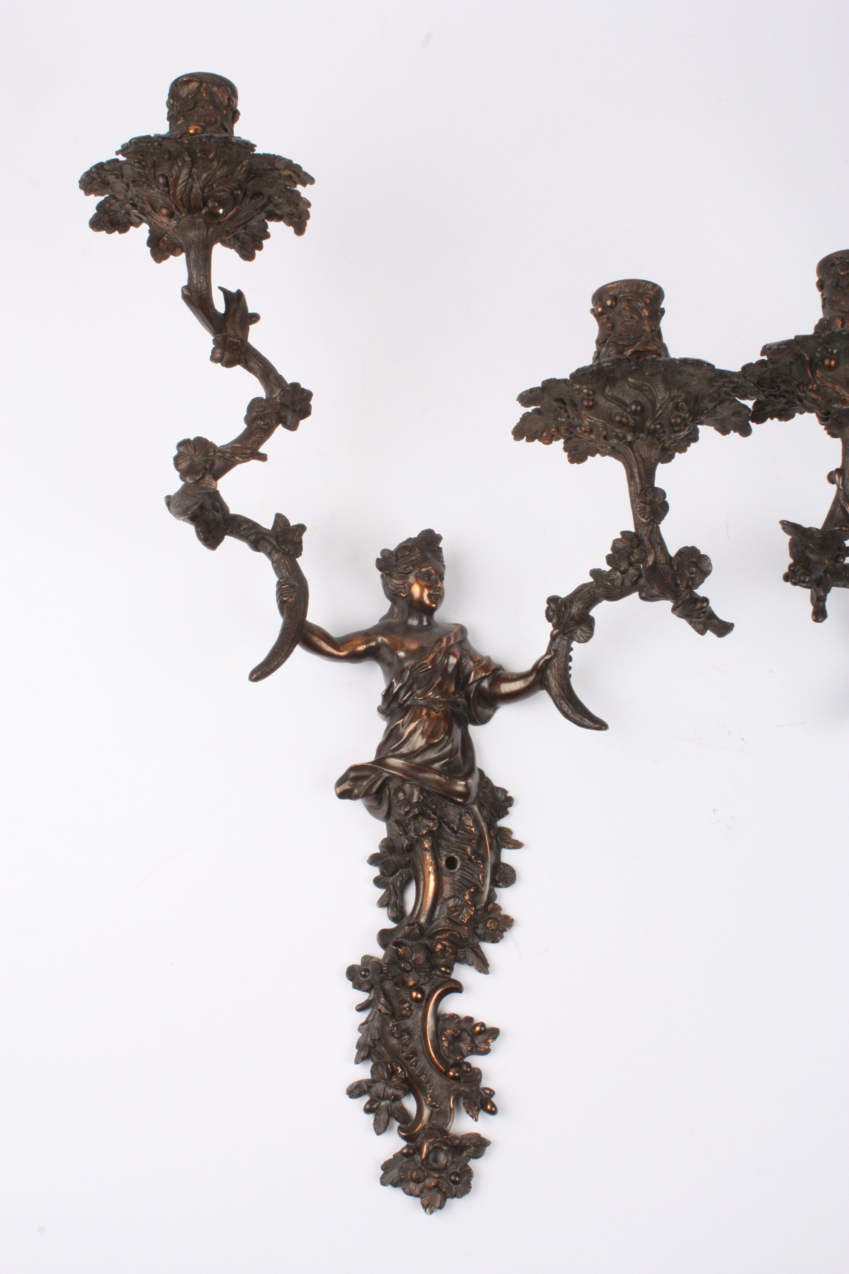 A large pair of early 20th century French brass two branch wall sconces
formed as cherubs holding - Image 3 of 3