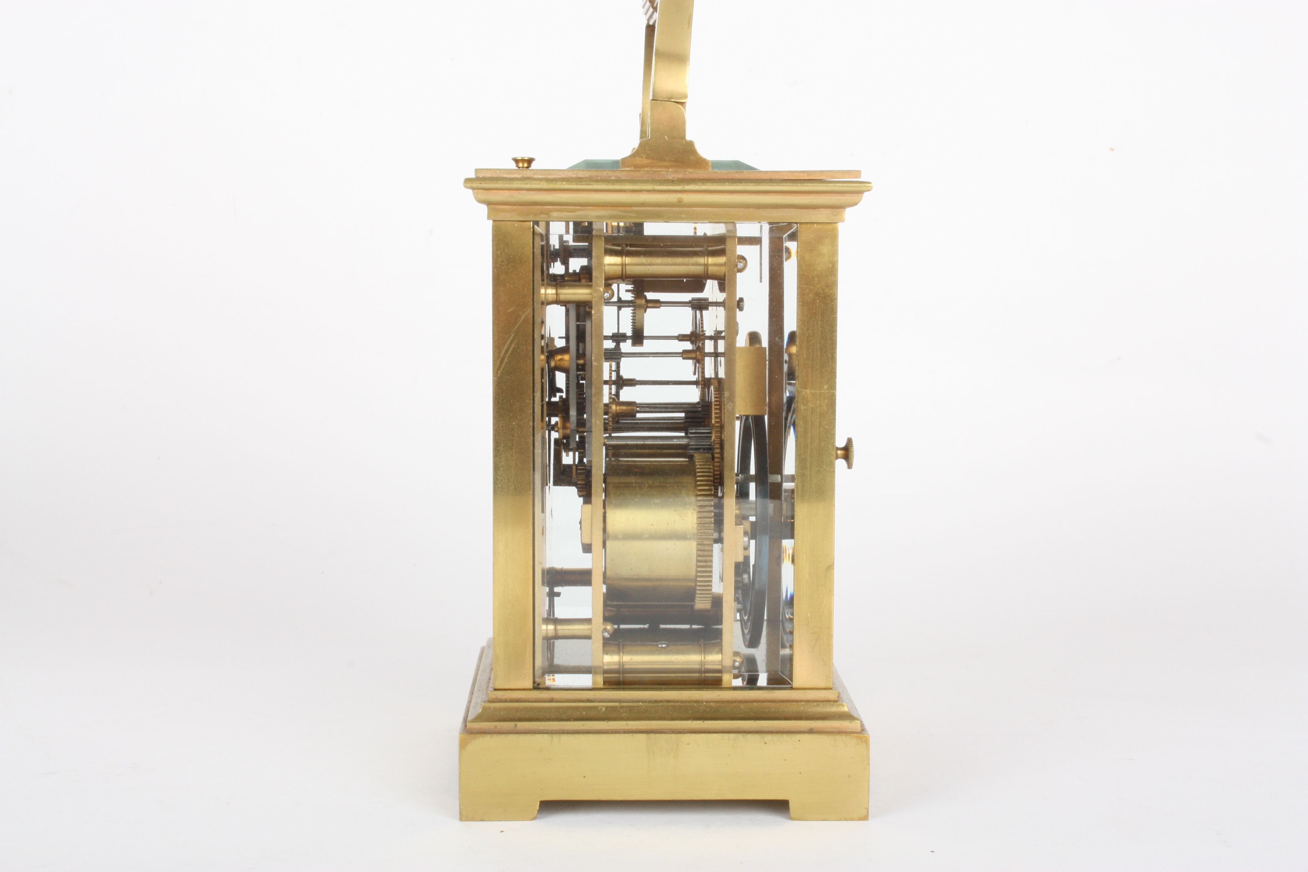 An Edwardian brass repeating carriage clock
with white enamel dial and black Roman numerals, plain - Image 3 of 4