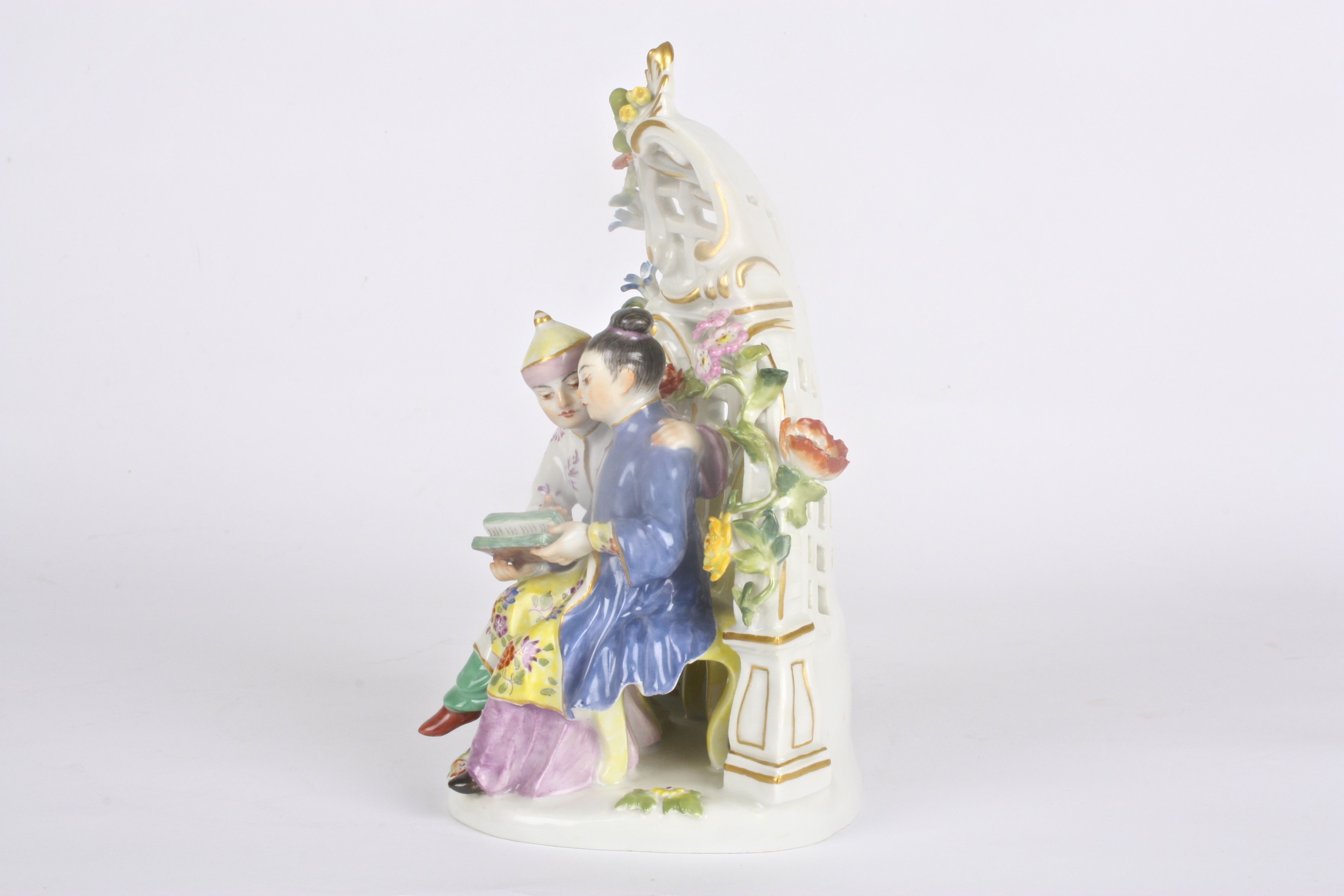 Late 20th Meissen figure group, after Kaendler, Chinese man and woman under a bower, seated in - Image 4 of 5