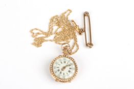 A Swiss 18ct gold, enamel and diamond fob watchthe white enamel dial painted with black Roman and
