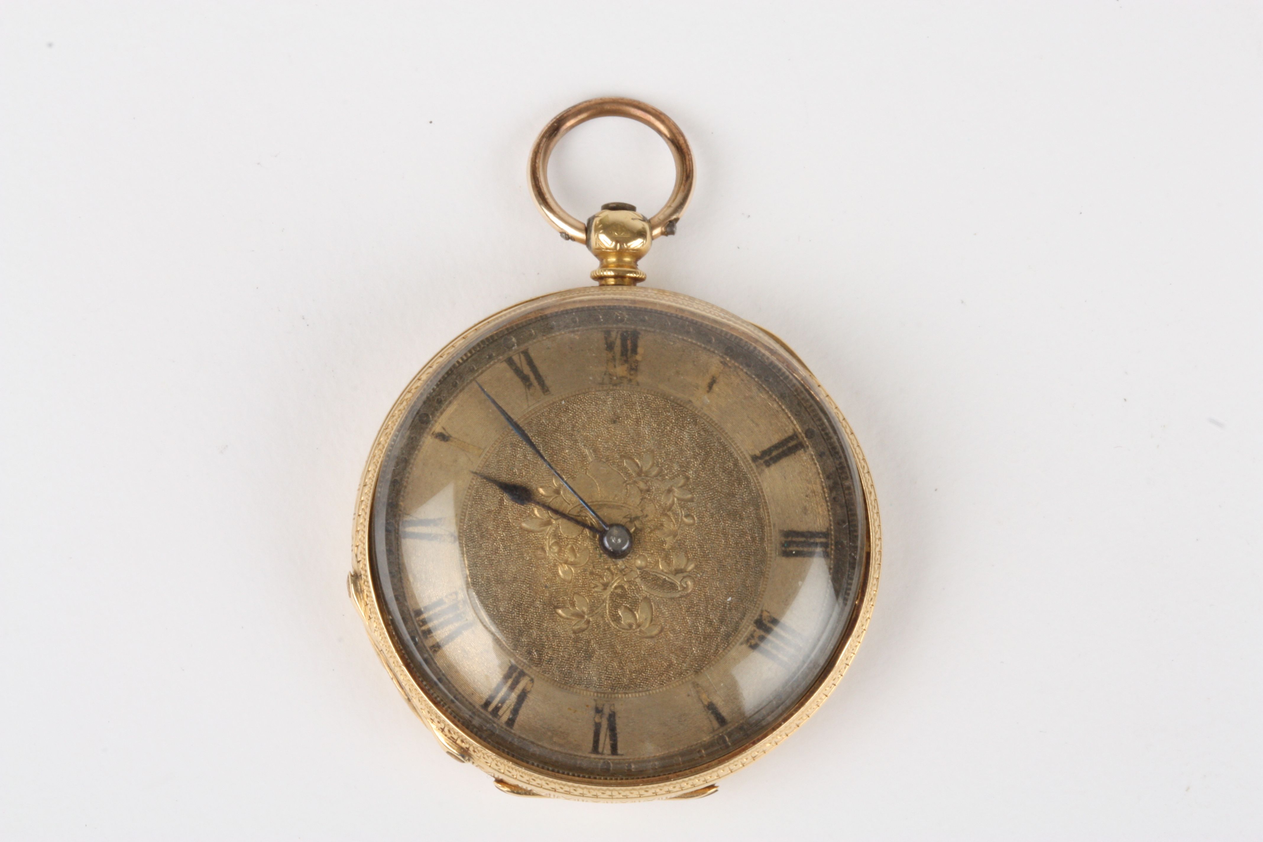 A 19th century Continental 18K gold open face pocket watch
the engine turned dial with black Roman