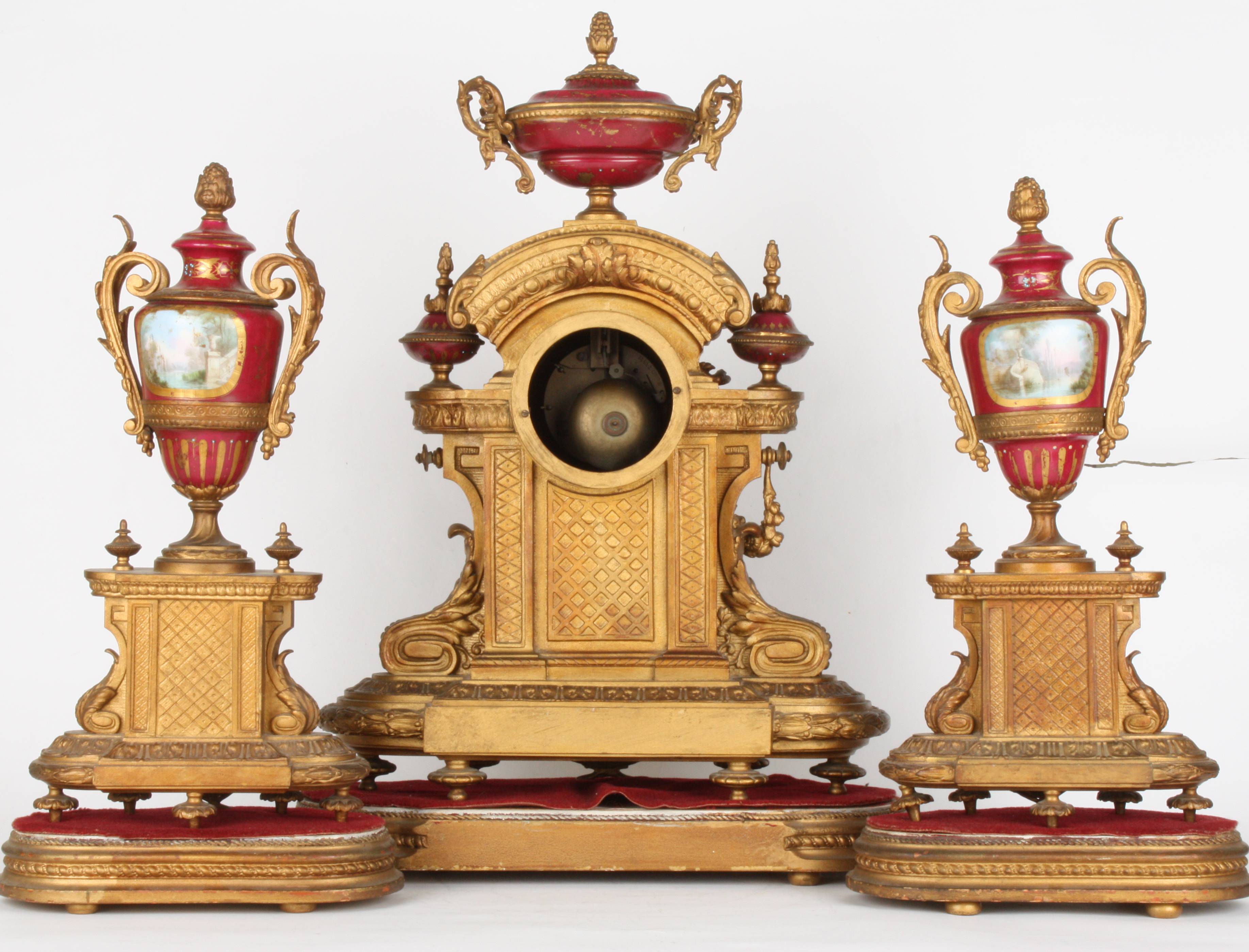 A large late 19th century French gilt painted metal and porcelain clock garniture
the clock with - Image 3 of 3