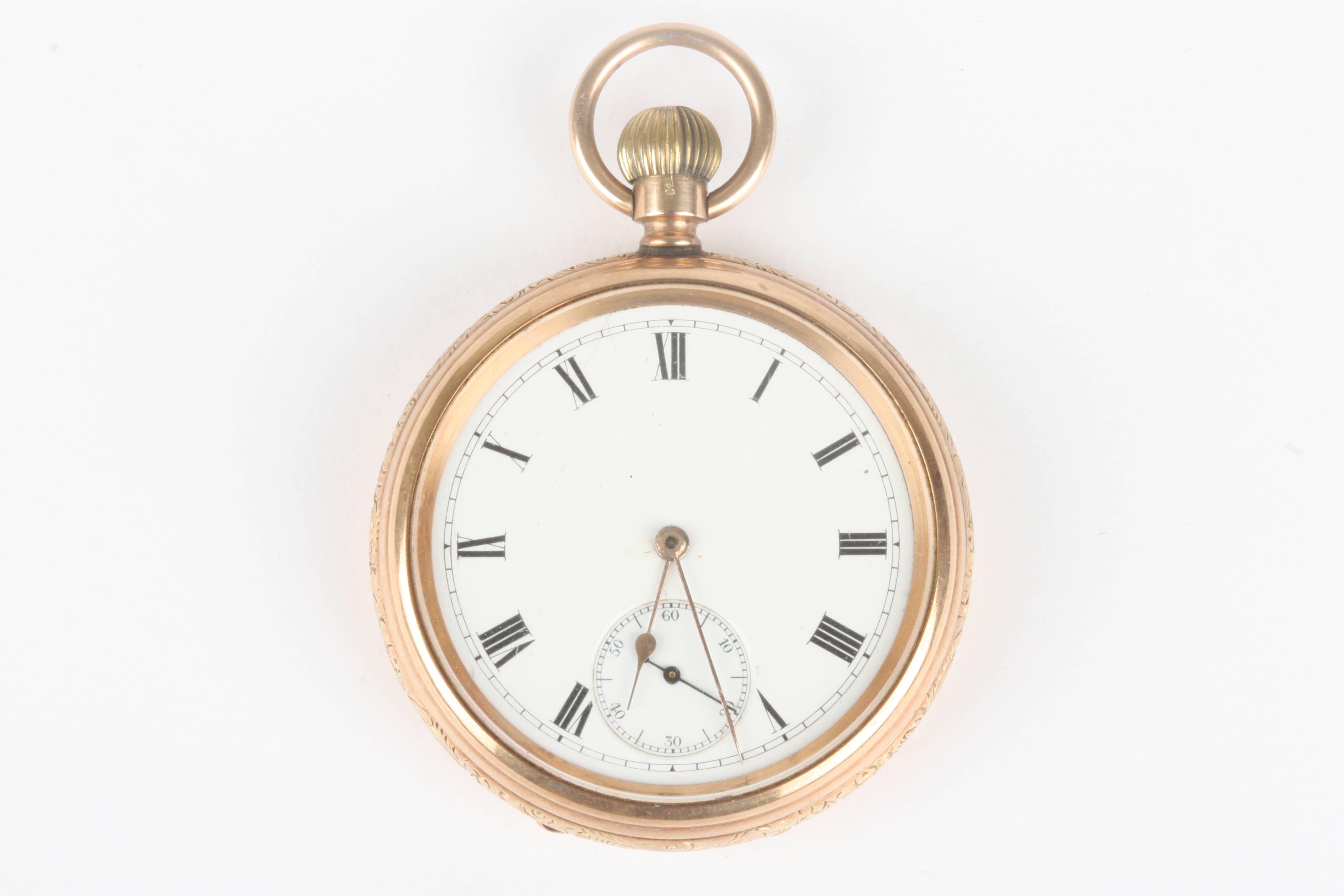A George V 9ct gold open faced pocket watch hallmarked Chester 1920, the white enamel dial with