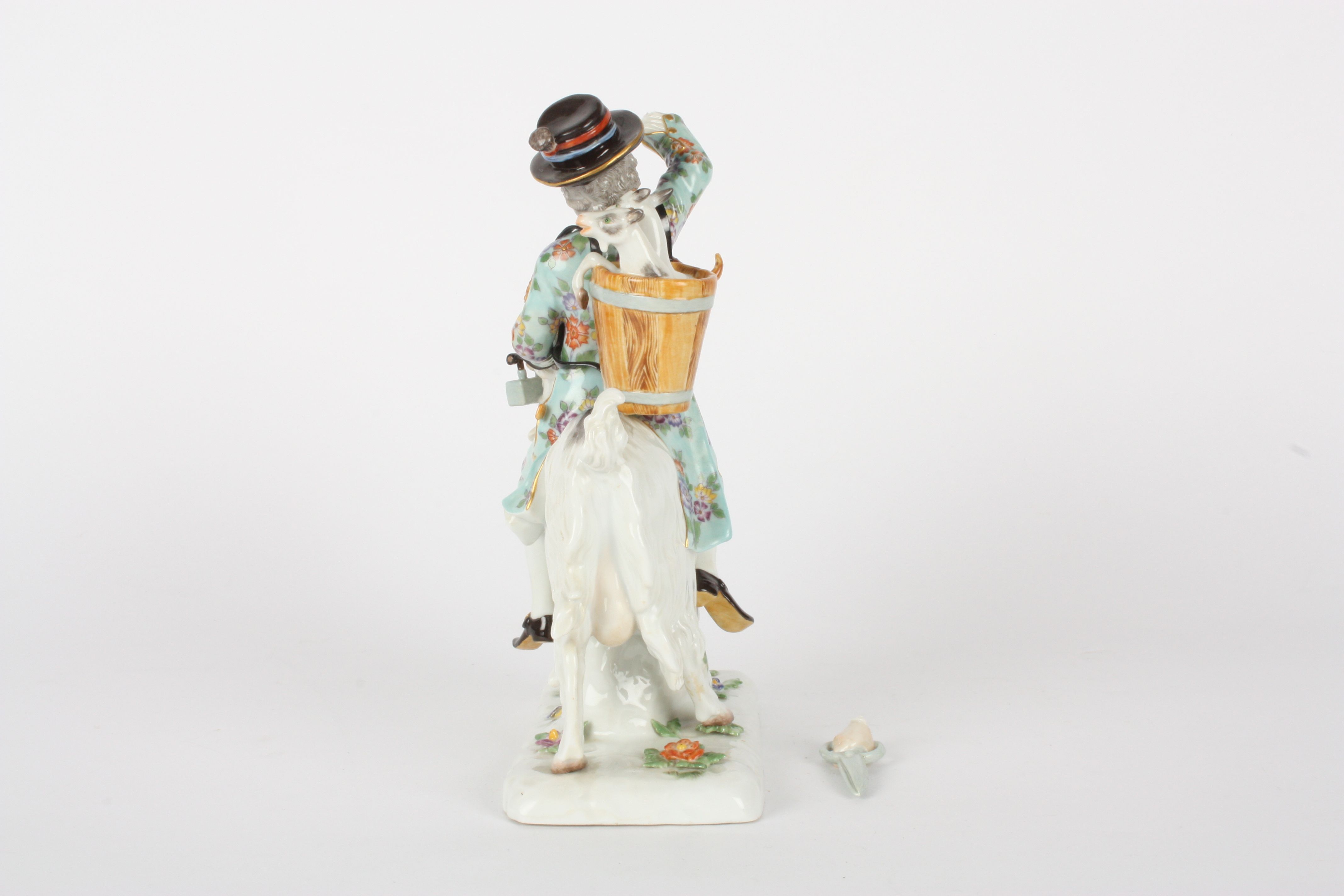 Late 20th century Meissen figure, Tailor on a Goat, after Kaendler, painted blue cross swords - Image 3 of 5