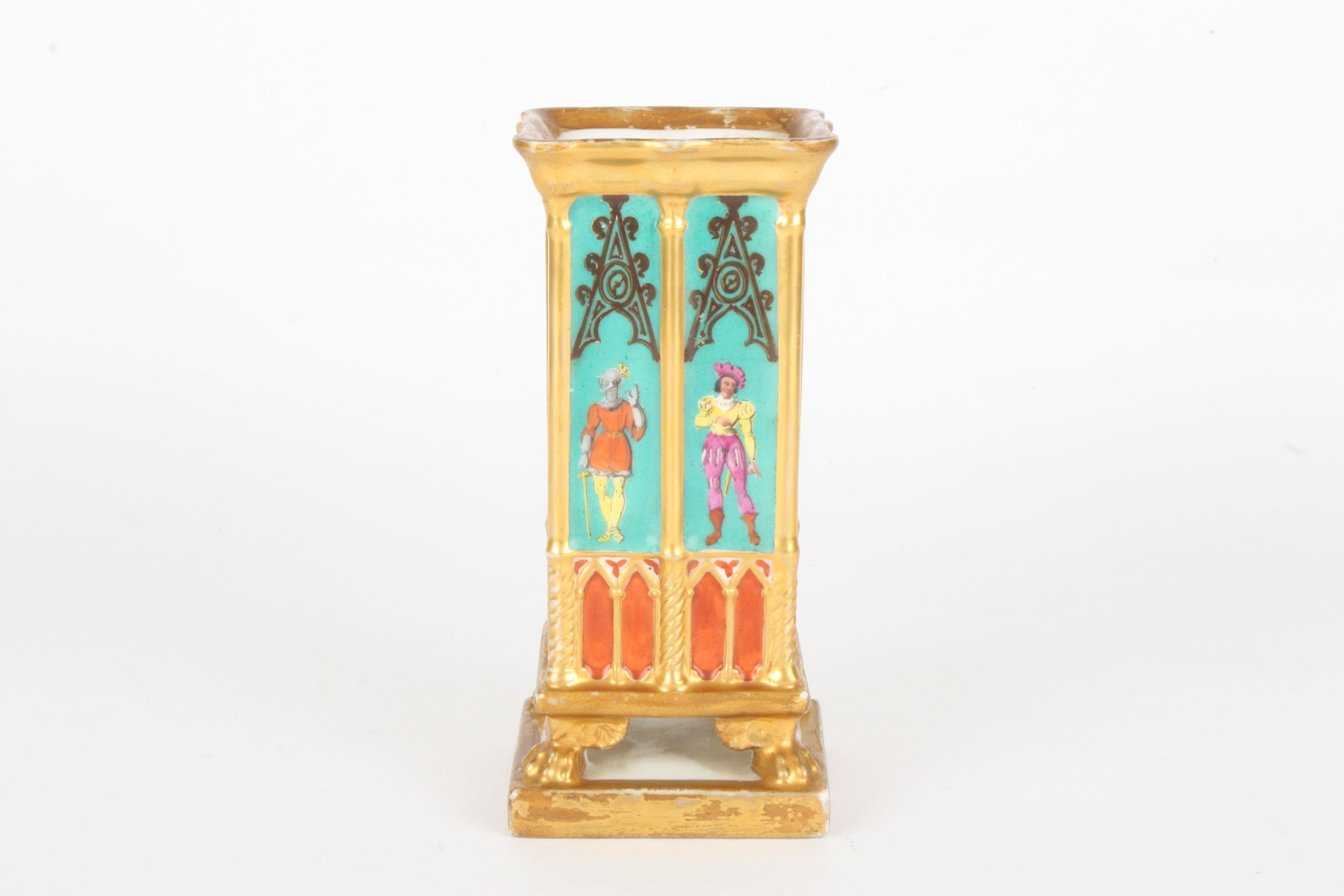 A 19th century French Darte porcelain Gothic design spill vase
of square form, painted with full - Image 4 of 5