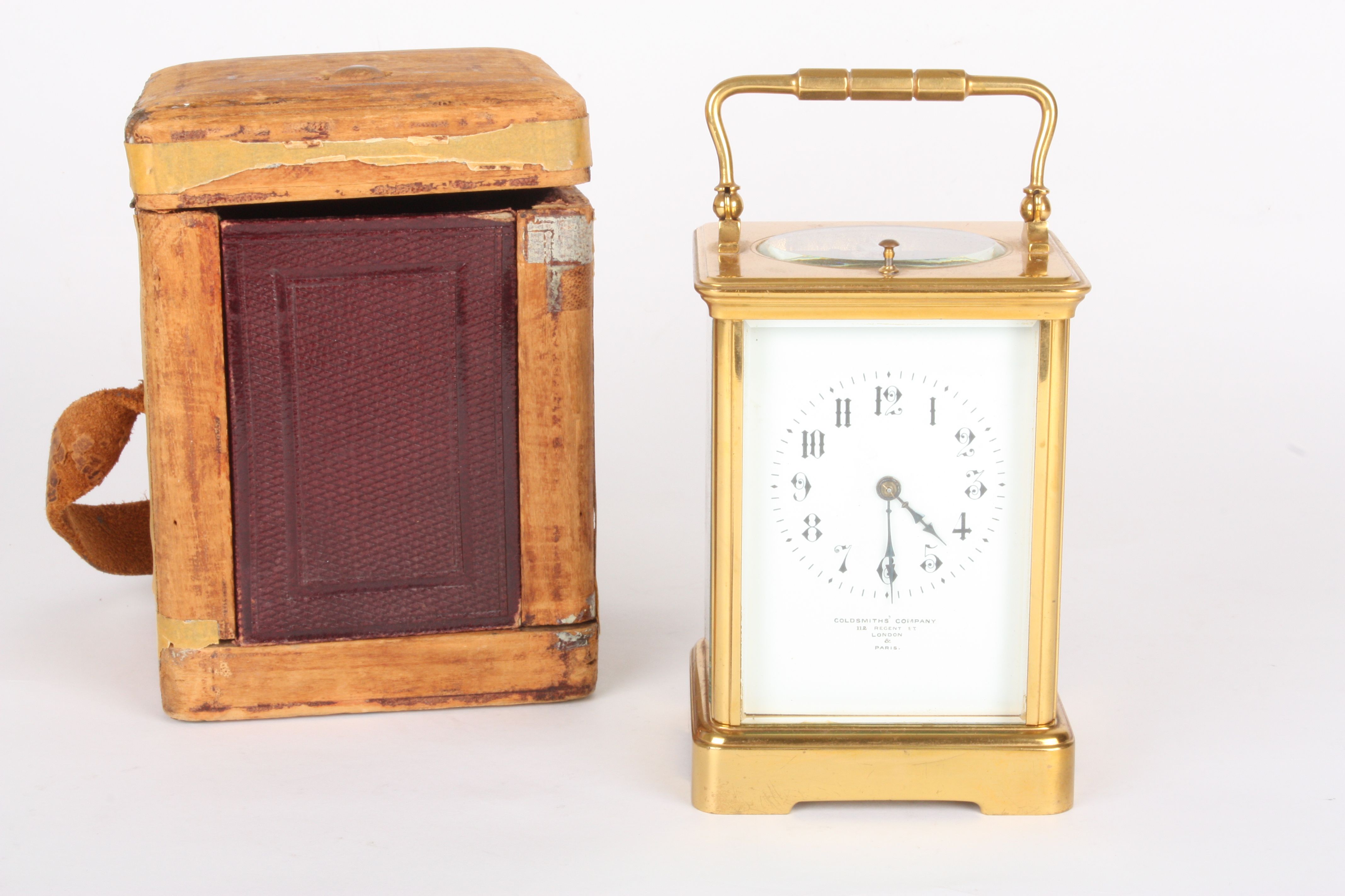 A Victorian brass carriage clock retailed by Goldsmiths Company
with repeating movement, the white - Image 4 of 4