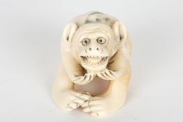 An early 20th century Japanese carved ivory netsukeformed as a seated monkey holding his hands to