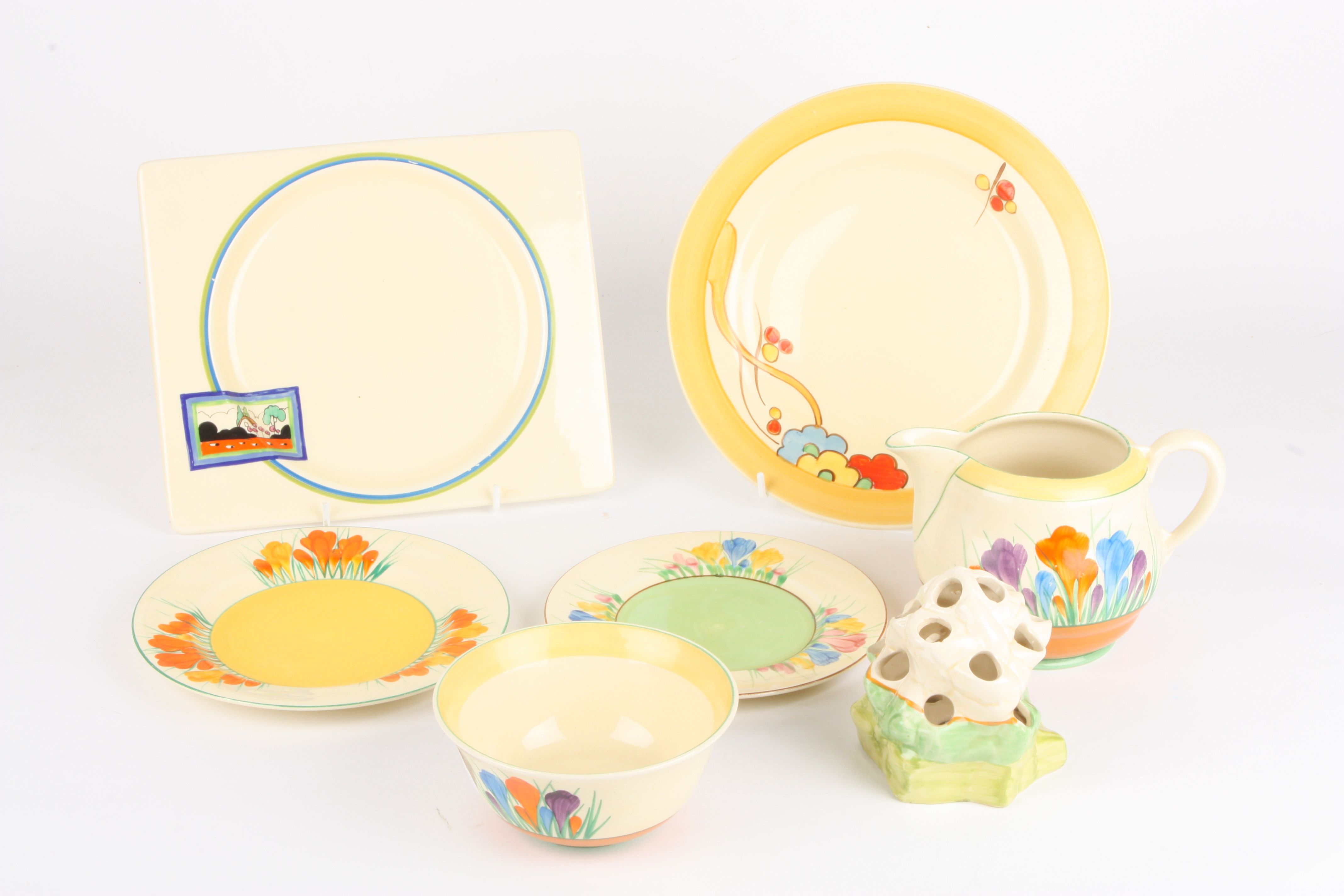 A small mixed collection of Royal Staffordshire 'Crocus' by Clarice Cliff tableware 
including