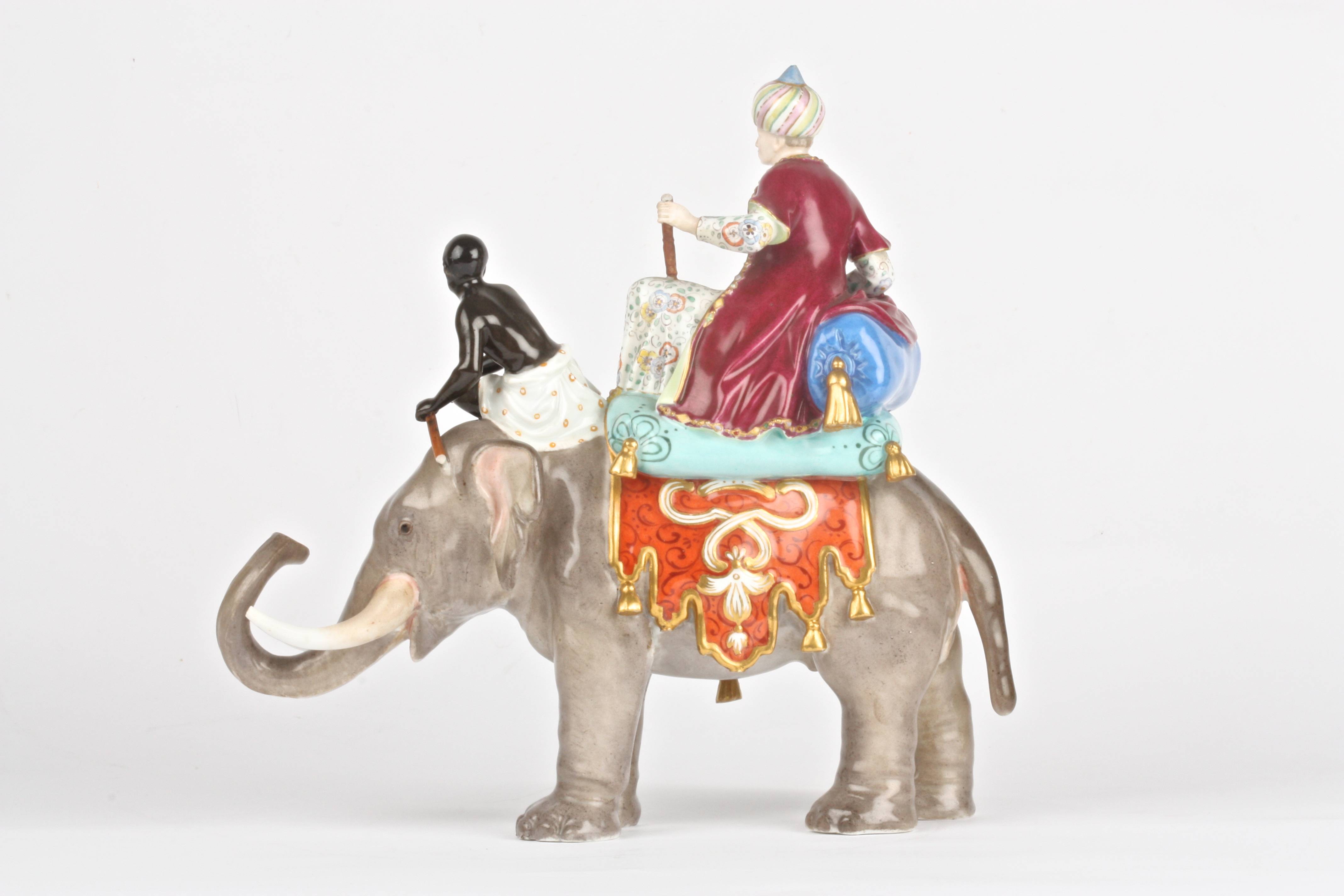 A late 19th century Meissen group of a sultan and black boy riding an elephant after a model by J. - Image 2 of 8