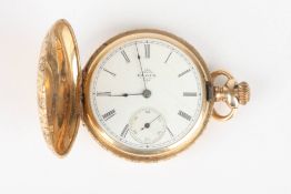 An early 20th century American Elgin 14K gold full hunter pocket watchwith engraved case, the white